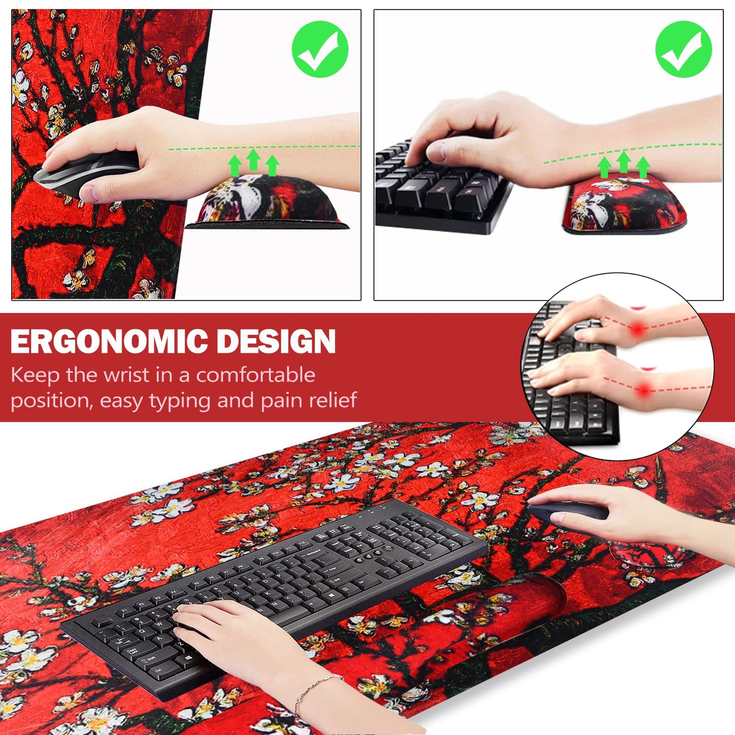 ARTSO Large Gaming Mouse Pad, Keyboard Wrist Rest Pad & Wrist Support Mousepad Set, Stitched Edge