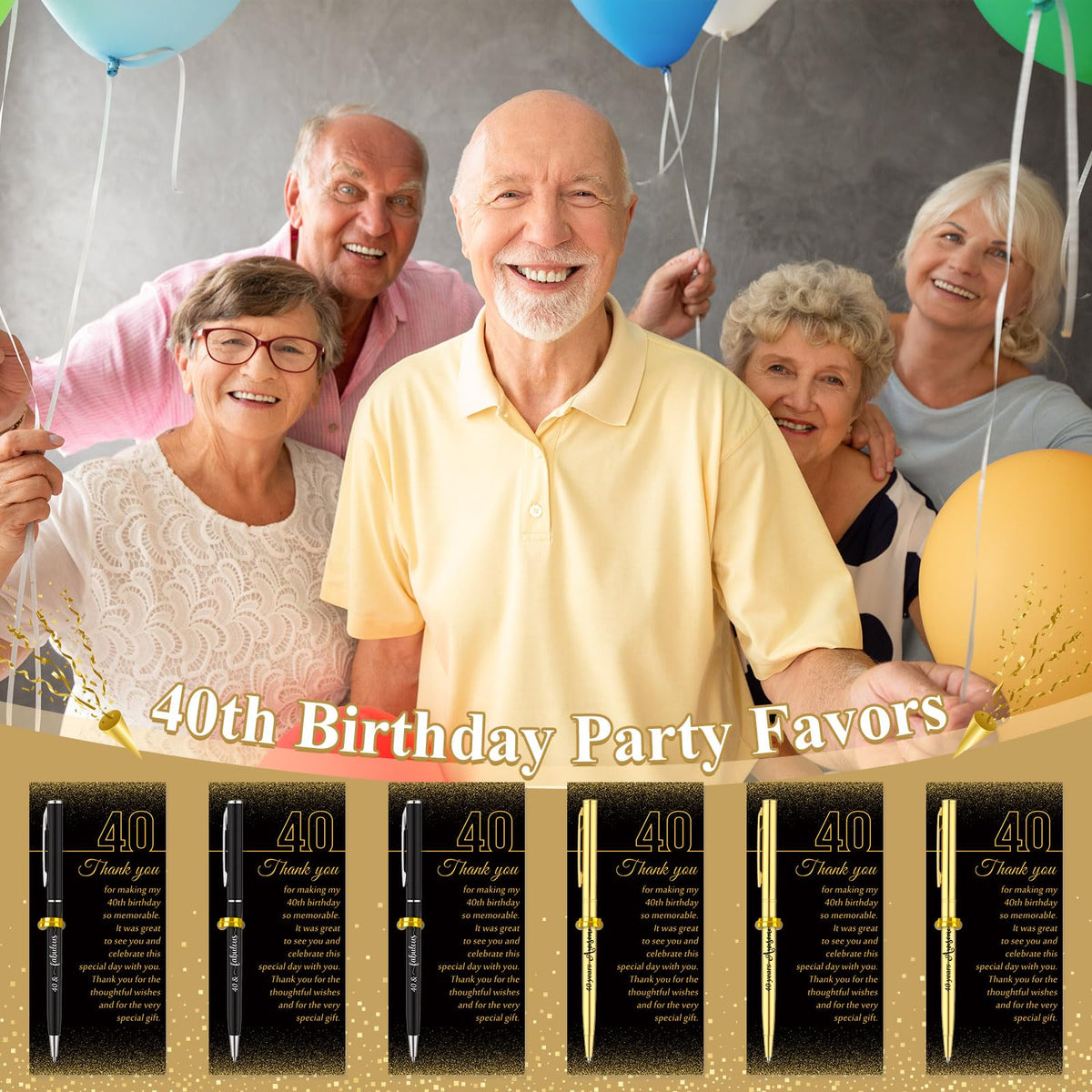 Feifeiya 40th Birthday Party Favors with Black Gold Pens Thank You Cards