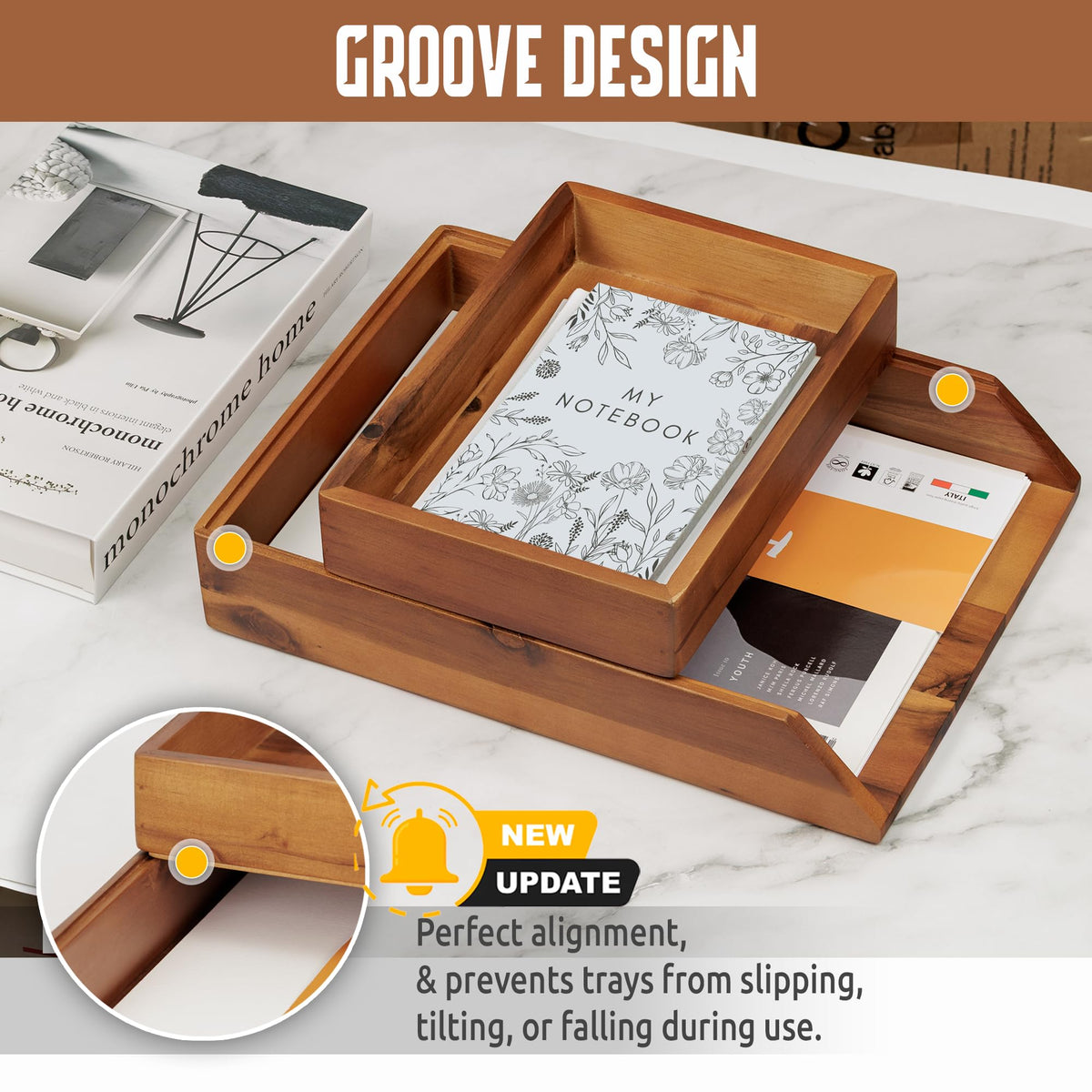 DEMIGO Desk Organizer Letter Tray Set of 2, Natural Acacia Wood Paper Tray