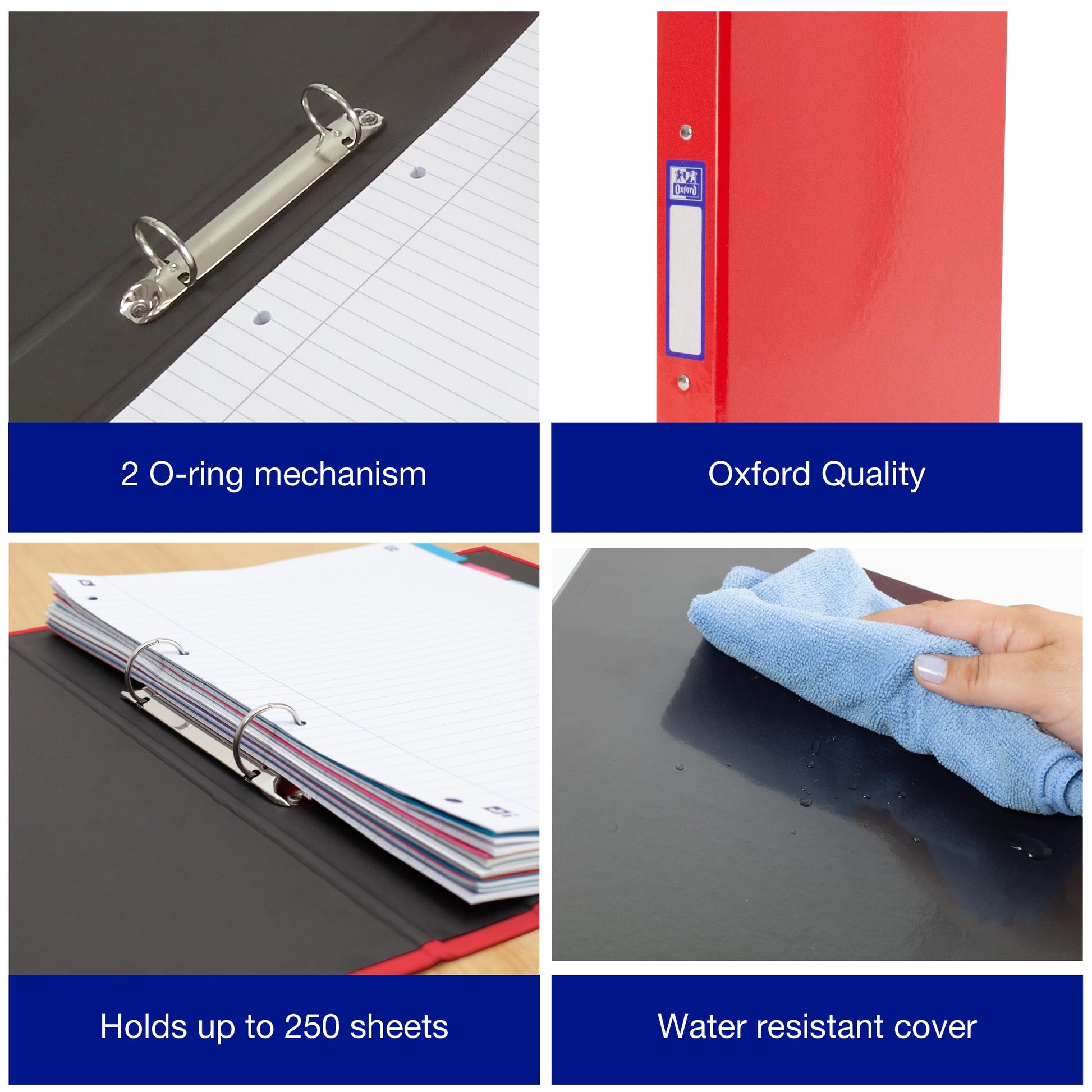 Oxford A4 Ring Binders, Red/Black/Blue, Pack of 3 Folders 40mm
