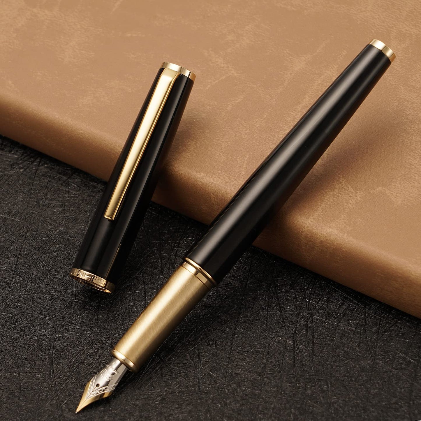 Jinhao 95 Metal Fountain Pen Fine Nib, Vivid Black with Golden Clip Writing Pen