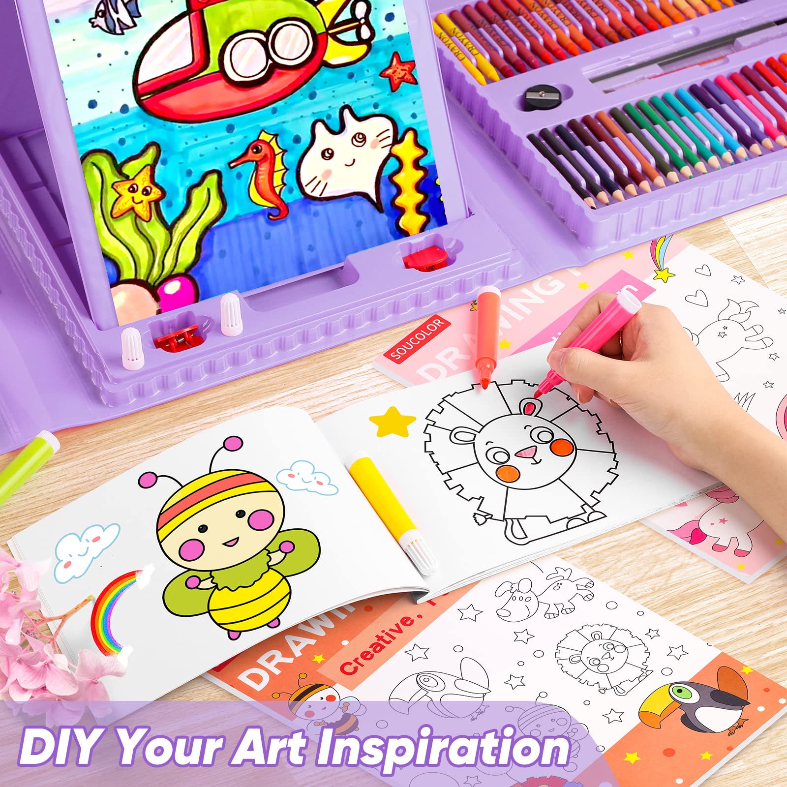 Soucolor 283 Pcs Art Supplies Drawing Set Easel Pads Coloring Book Gift