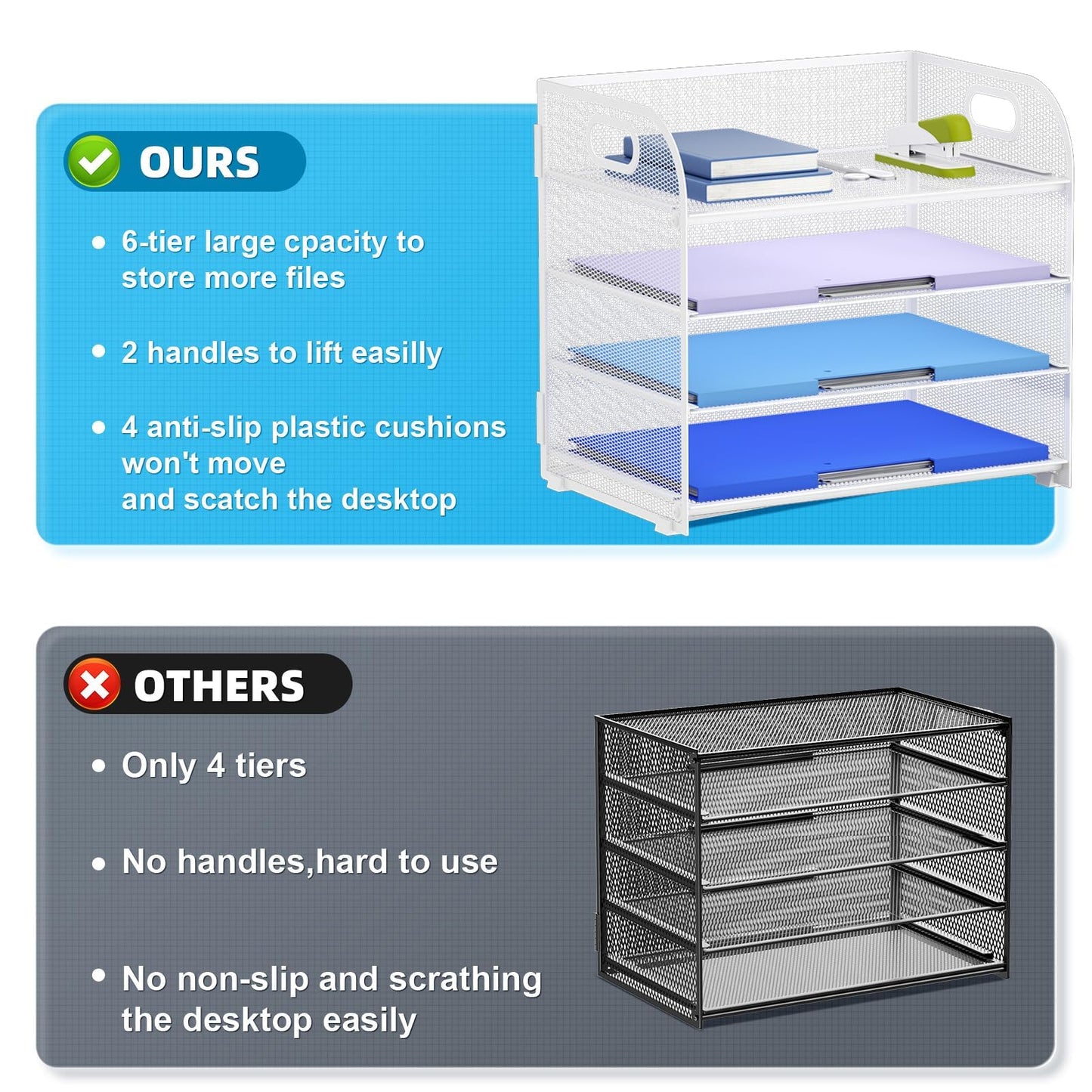 Marbrasse 2 Pack 4 Tier Paper Organizer Letter Tray - Mesh Desk File Organizer with Handle, Paper