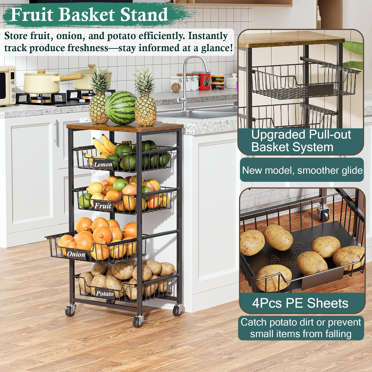 OKZEST 5-Tier Kitchen Storage Cart with 4 Upgraded Drawer Basket & Wood Top