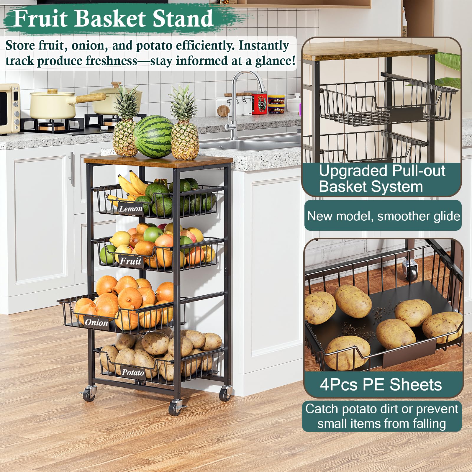 OKZEST 5-Tier Kitchen Storage Cart with 4 Upgraded Drawer Basket & Wood Top