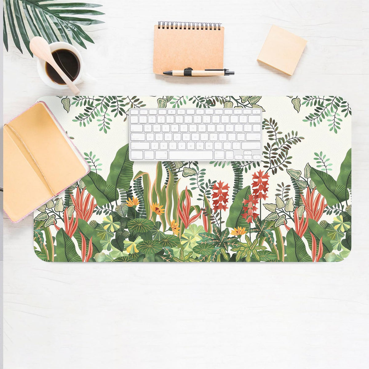 Floral Desk Mat, Large Non-Slip PU Leather Desk Pad, Foliage 31.5"x15.7"