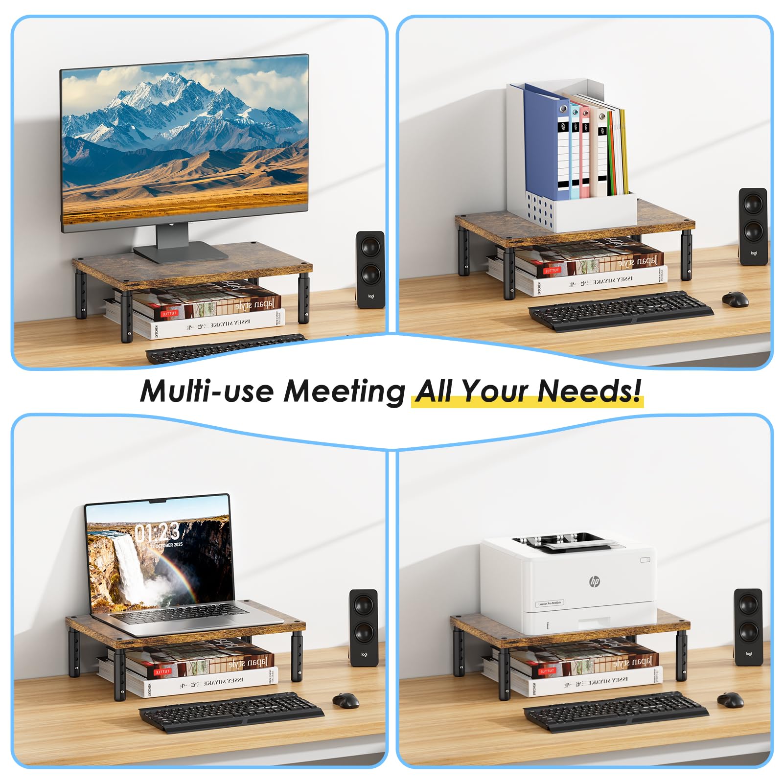 ECOLOVI Adjustable Wood Computer Monitor Stand Riser, Office Desk Organizer and Accessories for