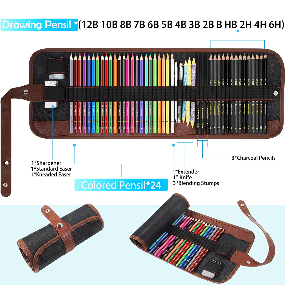 Sketch & Drawing Art Pencil Kit 52 Piece Set, 24 Color Pencil for Coloring Books, Pencil of