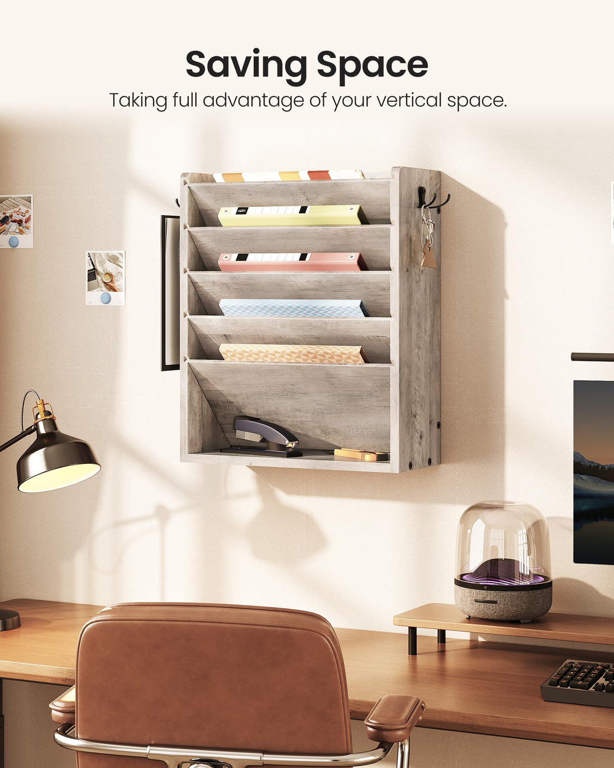 CHOEZON Wall File Organizer, 6-Tier Vertical Mount Hanging Holder with 2 Side Hooks, Modern Wooden