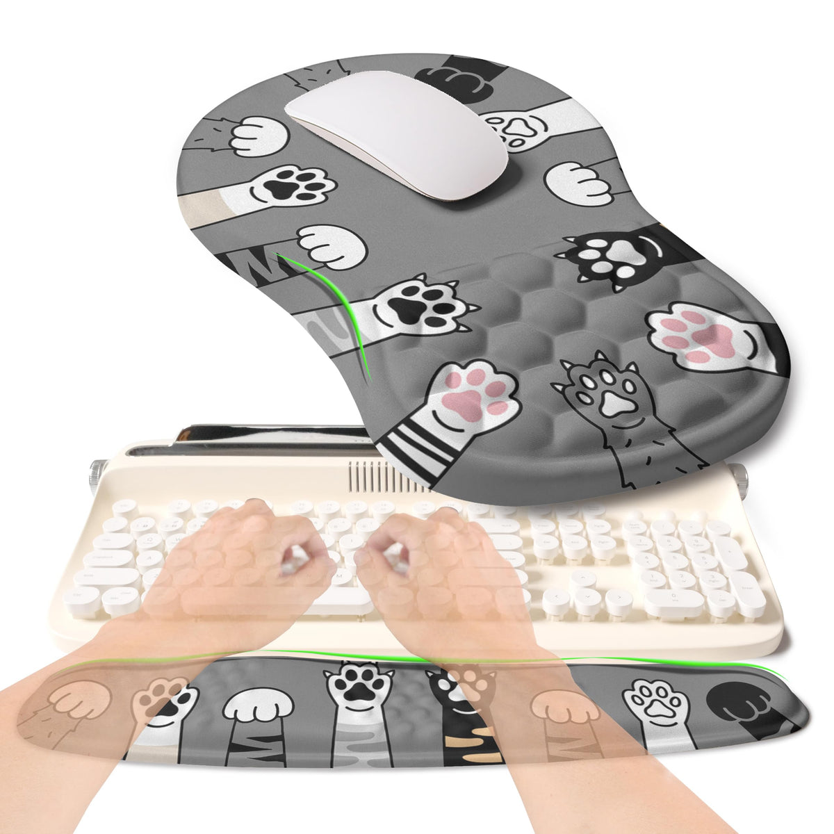 KUOSGM 2-in-1 Ergonomic Set, Wave Rise Keyboard Wrist Rest and Massage Bulge Slope Mouse Pad Wrist