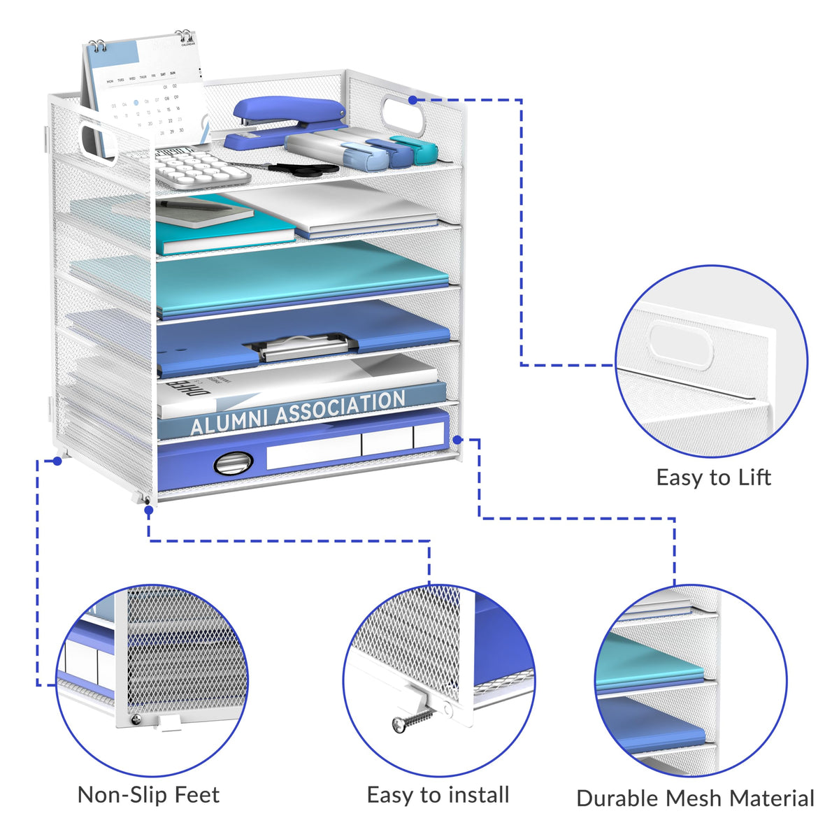 Daltack 6-Tier Paper Organizer for Desk with Handle, White, 2 Pack