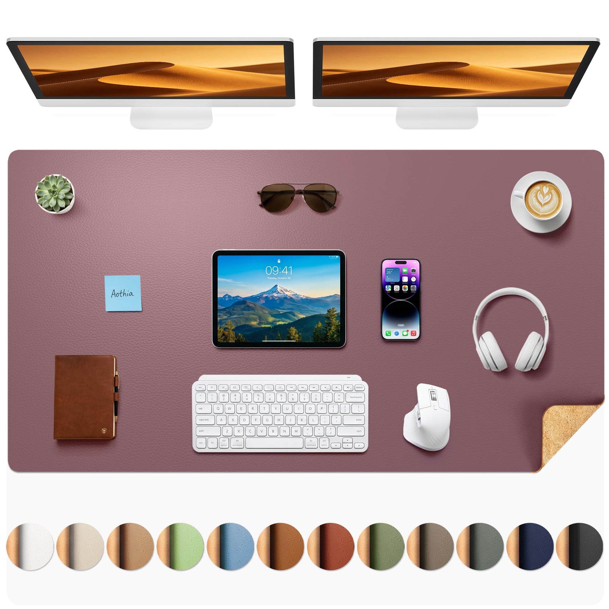 Aothia Dual-Sided Desk Mat, FSC Cork & PU Leather Desk Pad, Large Mouse Pad & Writing Surface for