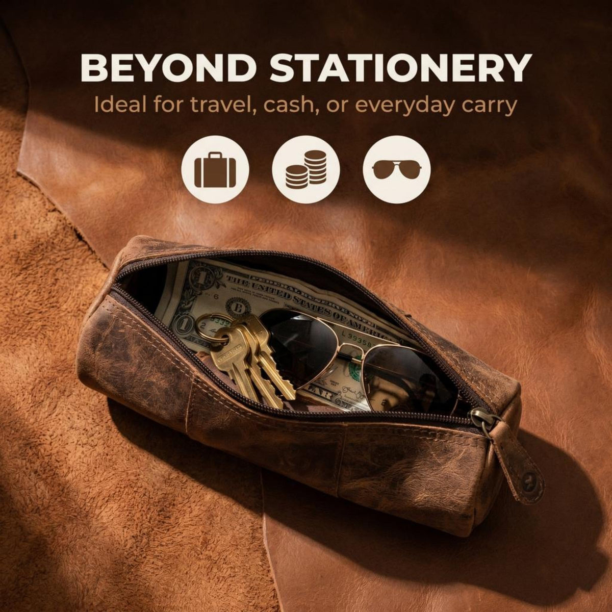 moonster Full-Grain Buffalo Leather Pen Case, 8x4 Inch, YYK Zipper, Linnen Interior, 6" Stainless