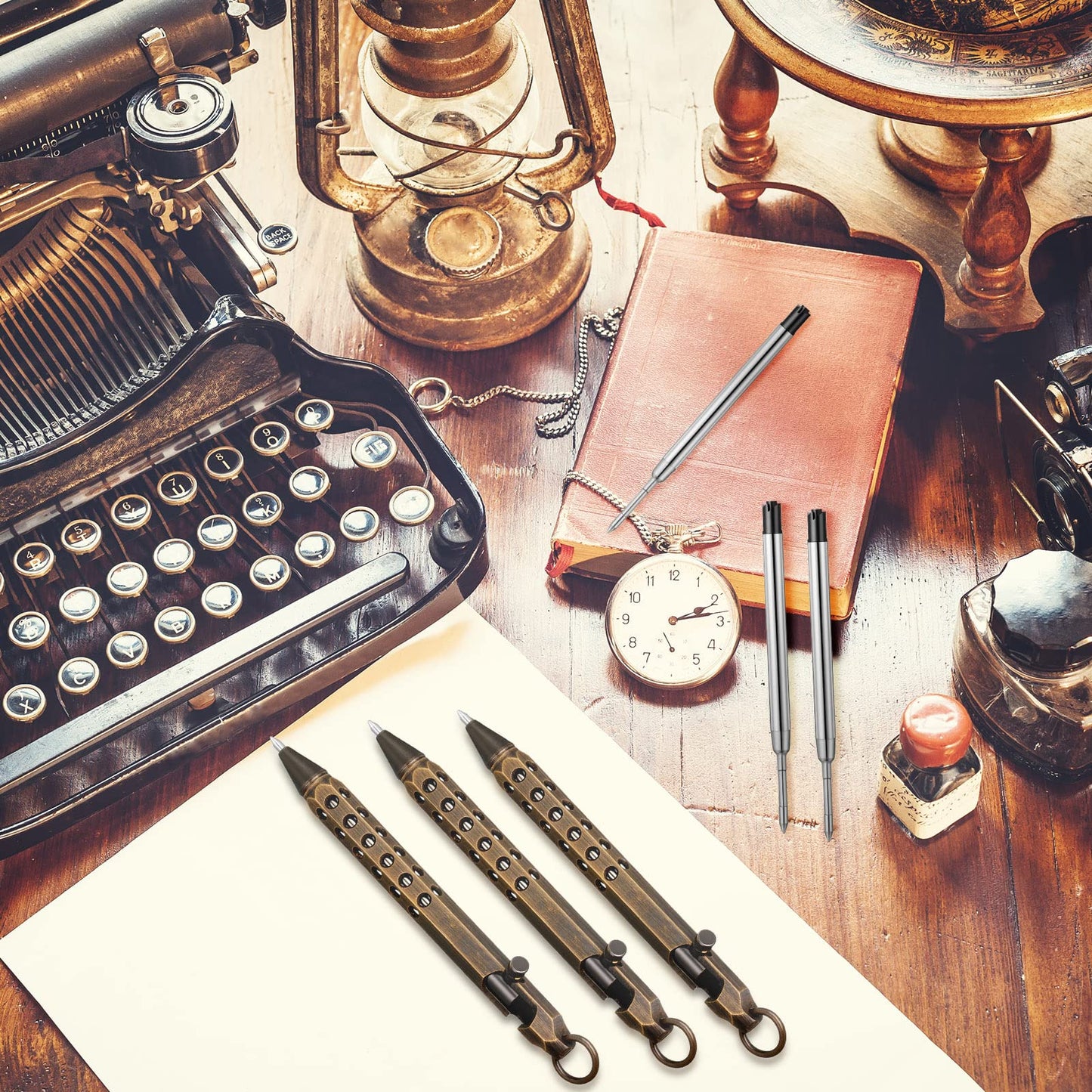 Chinco 12 Pcs Bolt Action Pen Sets Gift for Men 4 Hexagon Solid Brass Pens 8 Ink Refills Edc Pen