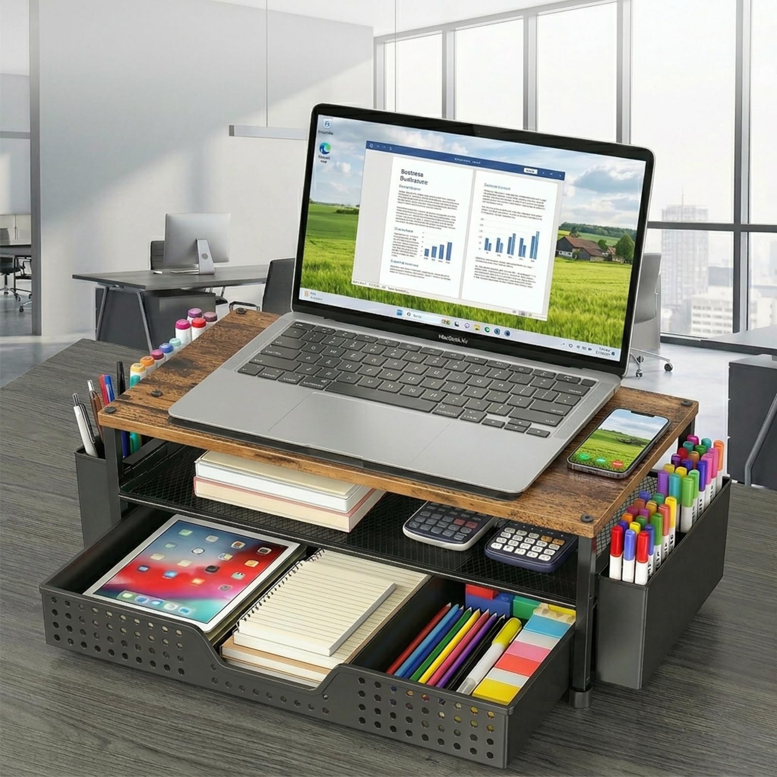 Desk Organizer and Accessories, 2-Tier Computer Monitor Stand Rise with Phone Holder, Drawer & 2