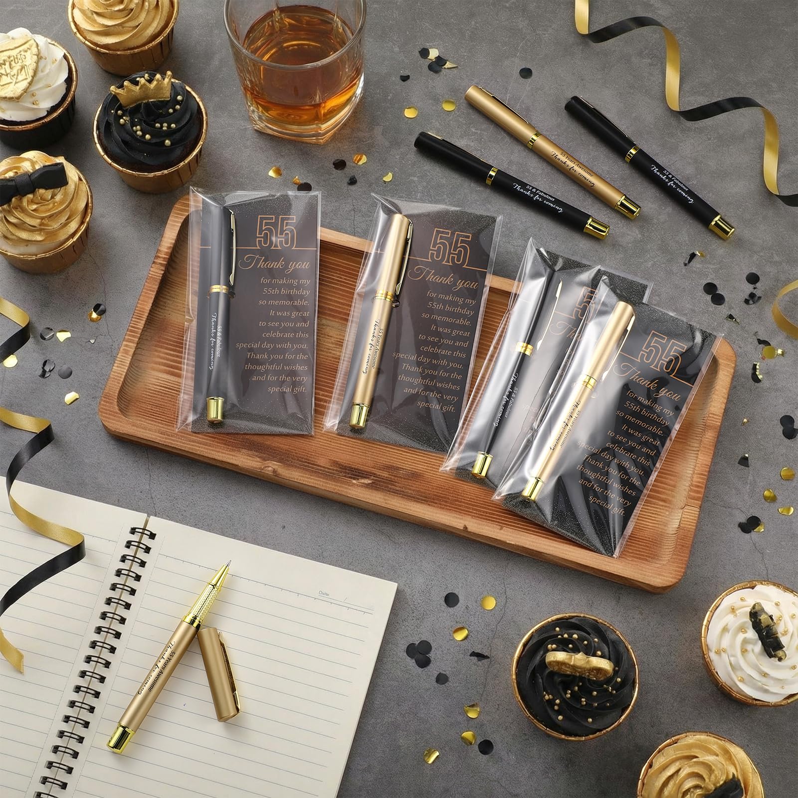 Feifeiya 50 Set 55th Birthday Favors with Black Gold Pens Cards