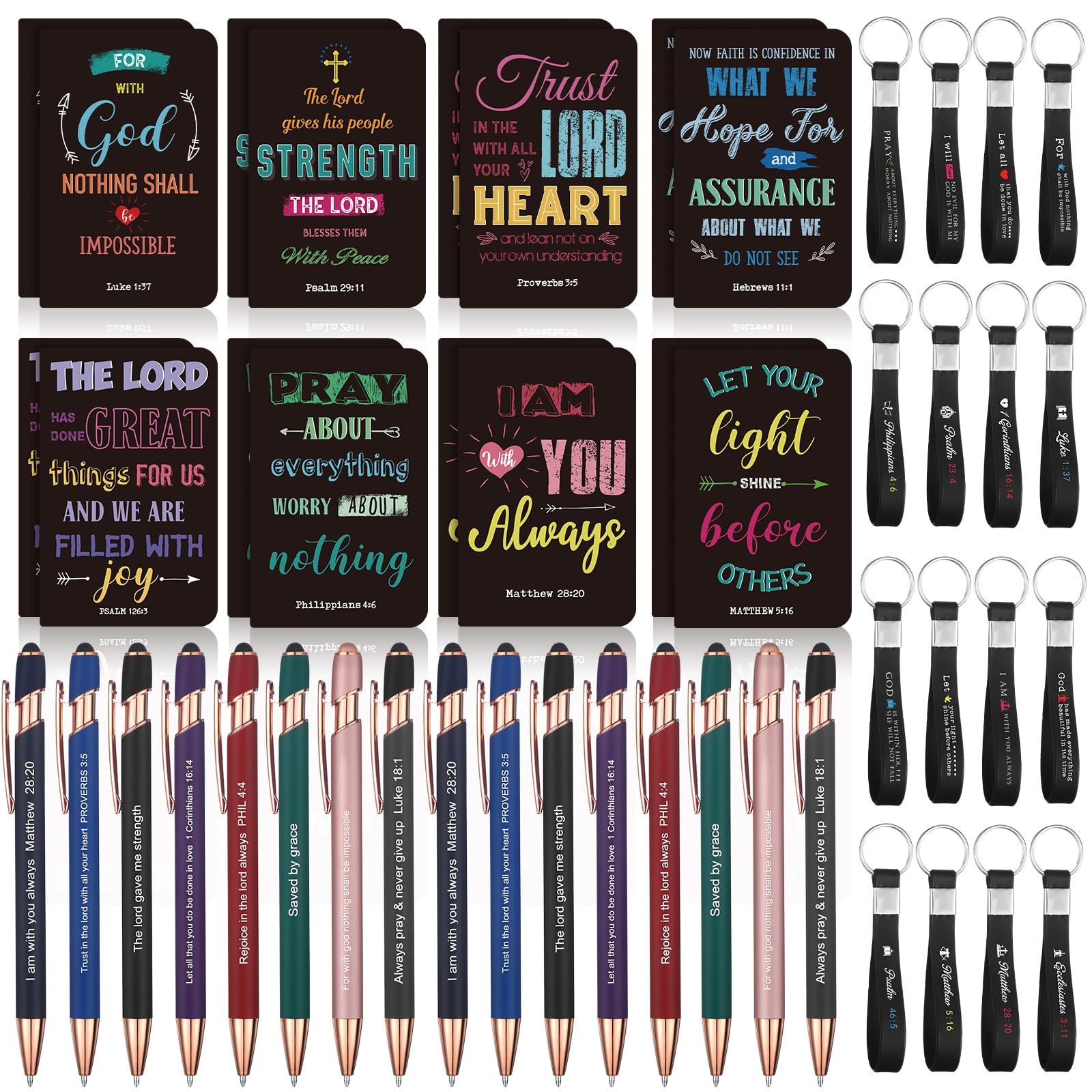 PerKoop 48 Pcs Inspirational Pens Notepads Bulk Set Keychains, Bible