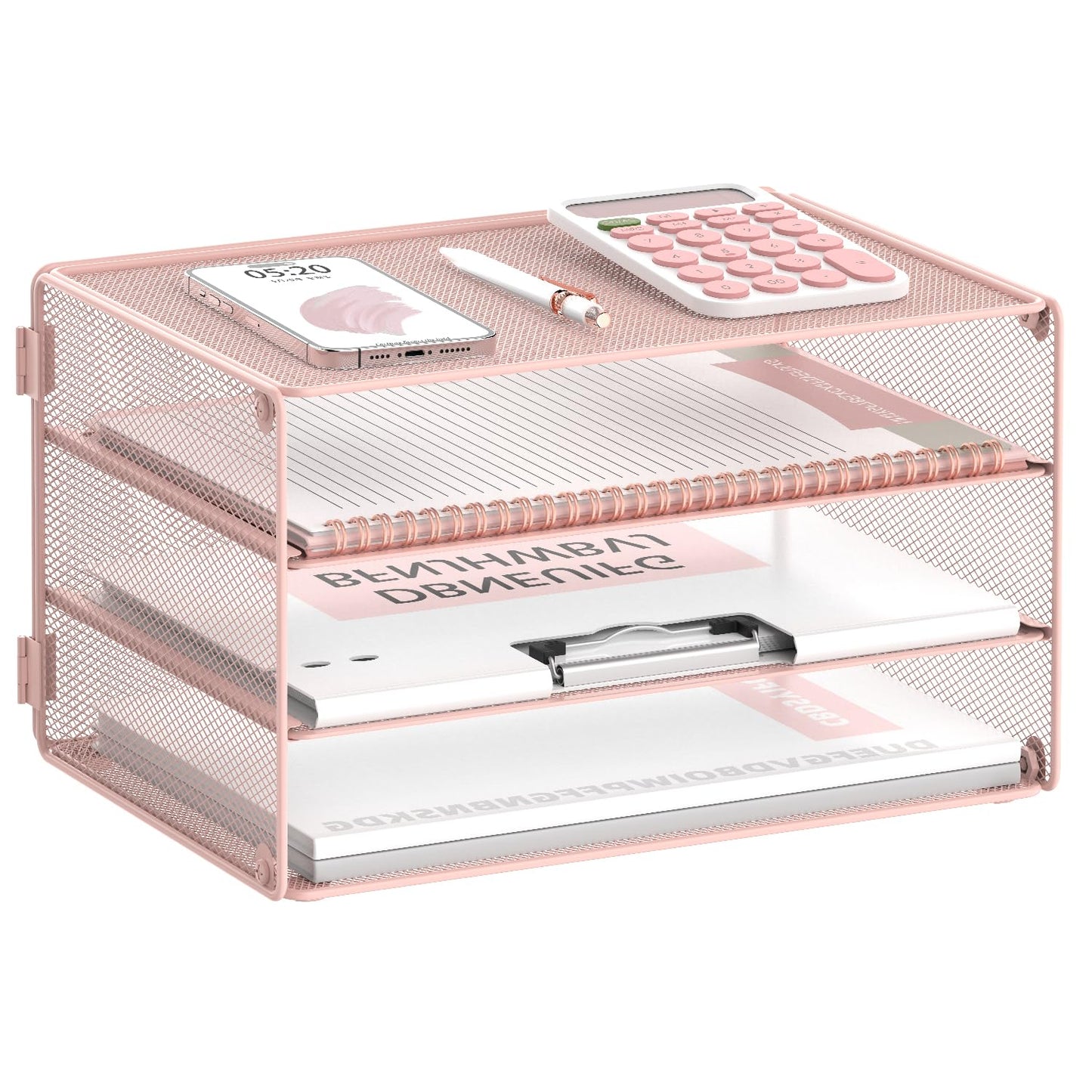 DALTACK 3 Tier Letter Tray Paper Organizer with Sliding Mesh Trays Pink