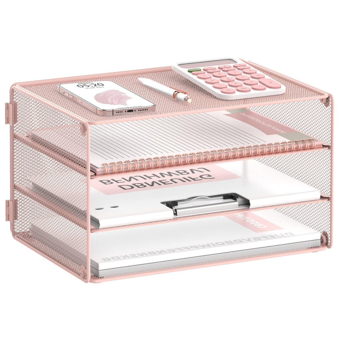 DALTACK 3 Tier Letter Tray Paper Organizer with Sliding Mesh Trays Pink