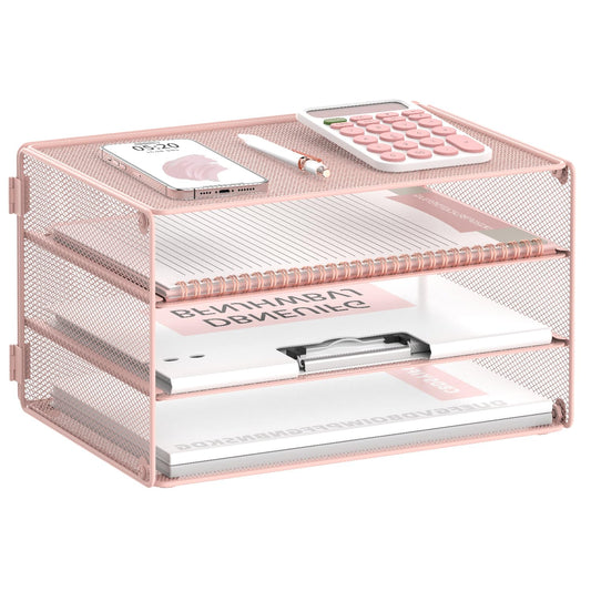DALTACK 3 Tier Letter Tray Paper Organizer with Sliding Mesh Trays Pink