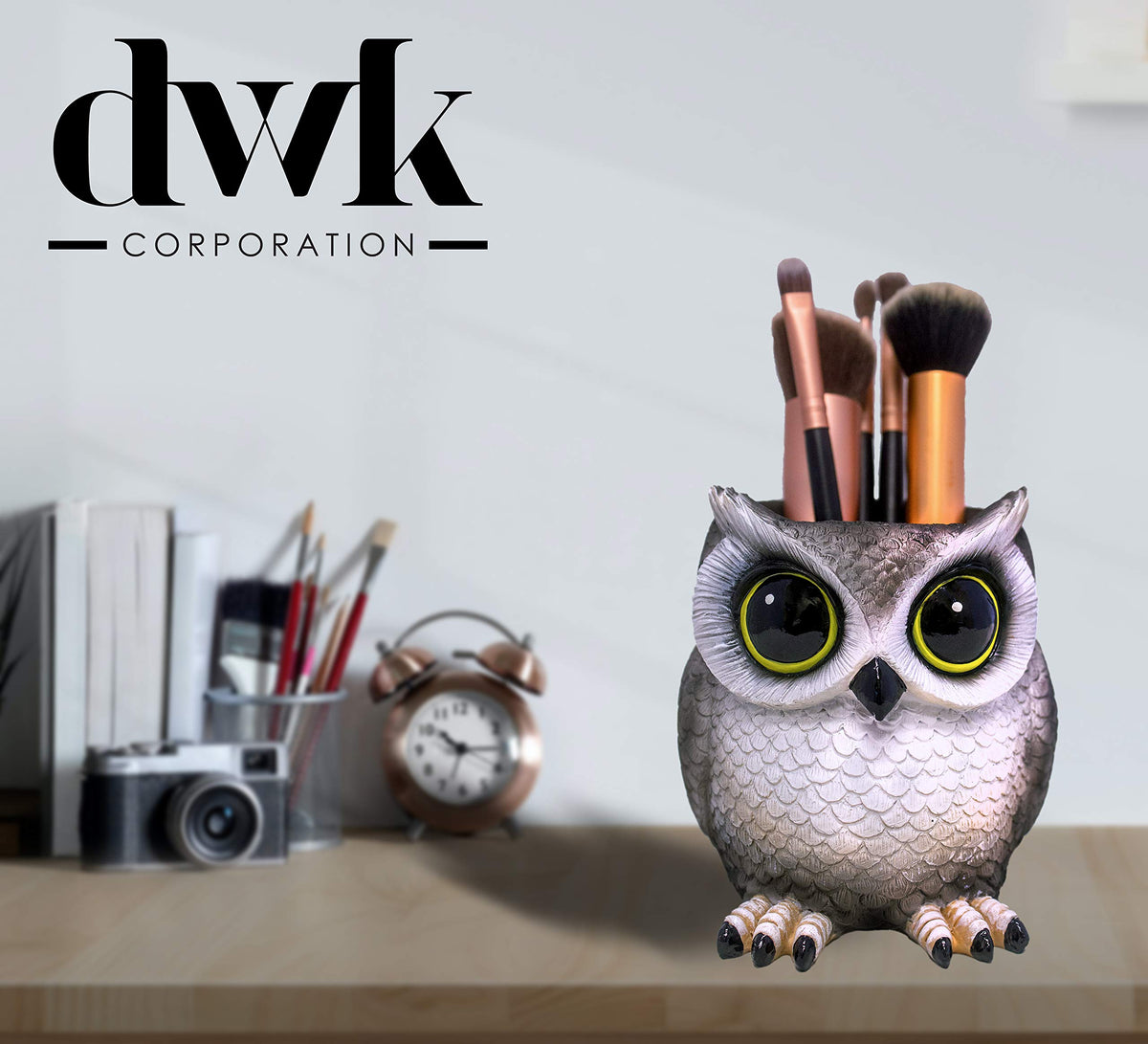 DWK Grey Owl Makeup Brush Holder Organizer Caddy | Handmade Bath Products and Makeup Organizer for