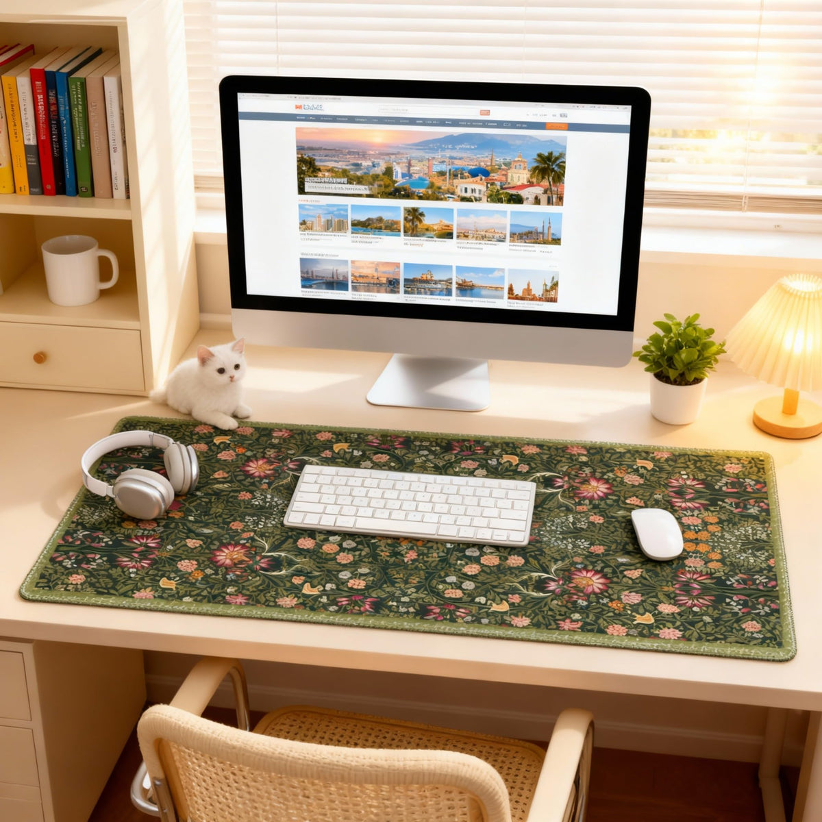 Dark Green Floral XXL Desk Mat, Extra Large Mouse Pad with Anti-Slip Base & Stitched Edges for