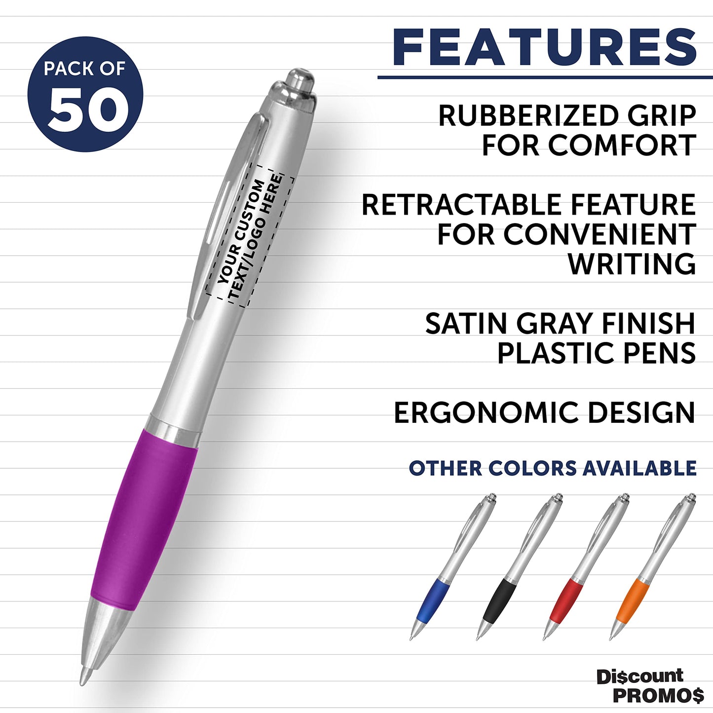 Personalized Ballpoint Pens with Rubber Grip and Click Button, Pack of 50 by DISCOUNT PROMOS