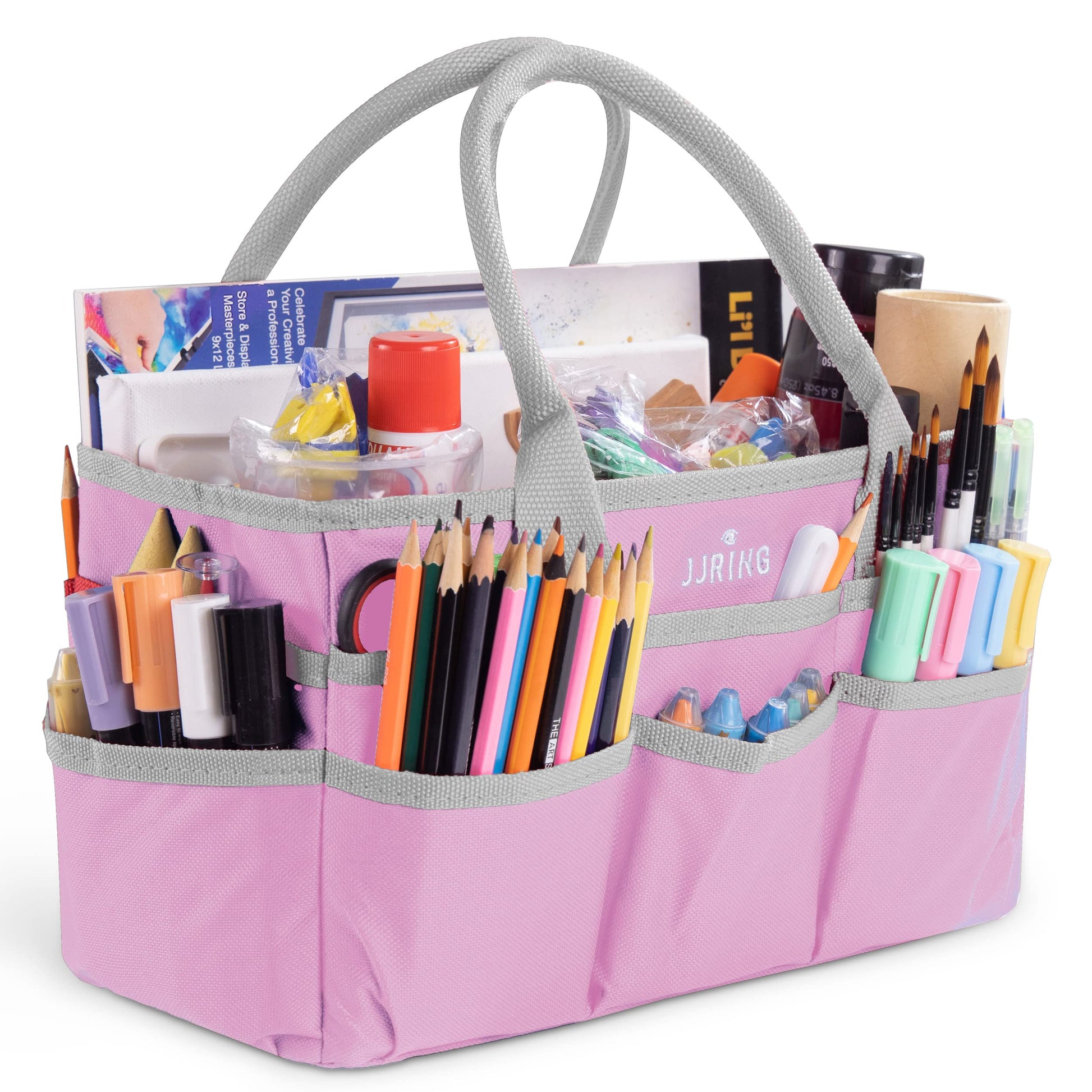 JJRING 600D Nylon Craft & Art Organizer Tote Bag With Pockets, Pink