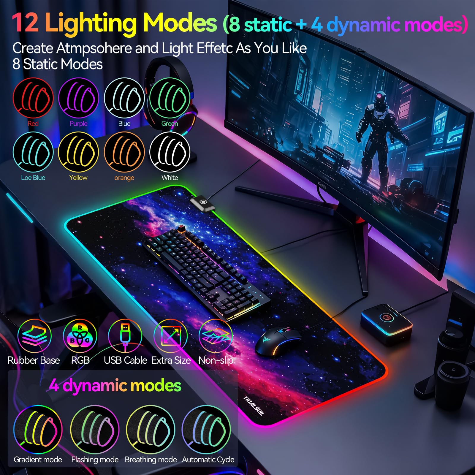 TIDALSOIL RGB Gaming Mouse Pad, Starry Sky 31.5x11.8 in LED Desk Mat