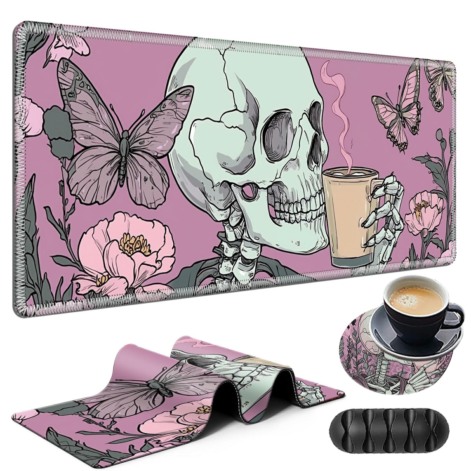 Large Gaming Mouse Pad Plus a Coasters + Cable Clips, Pink Skull Butterfly Extended Mousepad (31.5