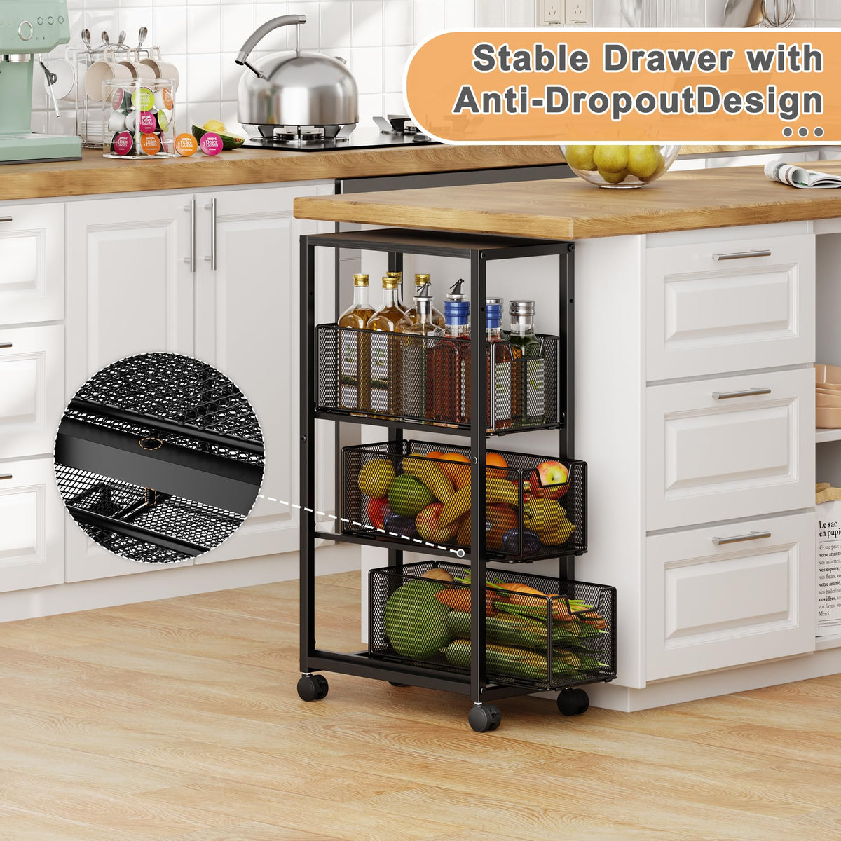 4 Tier Narrow Kitchen Rolling Cart, 9.1" Wide Slim Kitchen Storage Cart with Pull-Out Baskets
