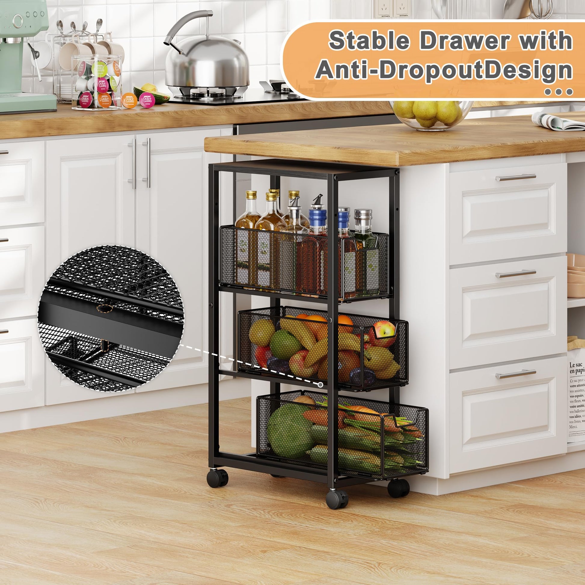 4 Tier Narrow Kitchen Rolling Cart, 9.1" Wide Slim Kitchen Storage Cart with Pull-Out Baskets