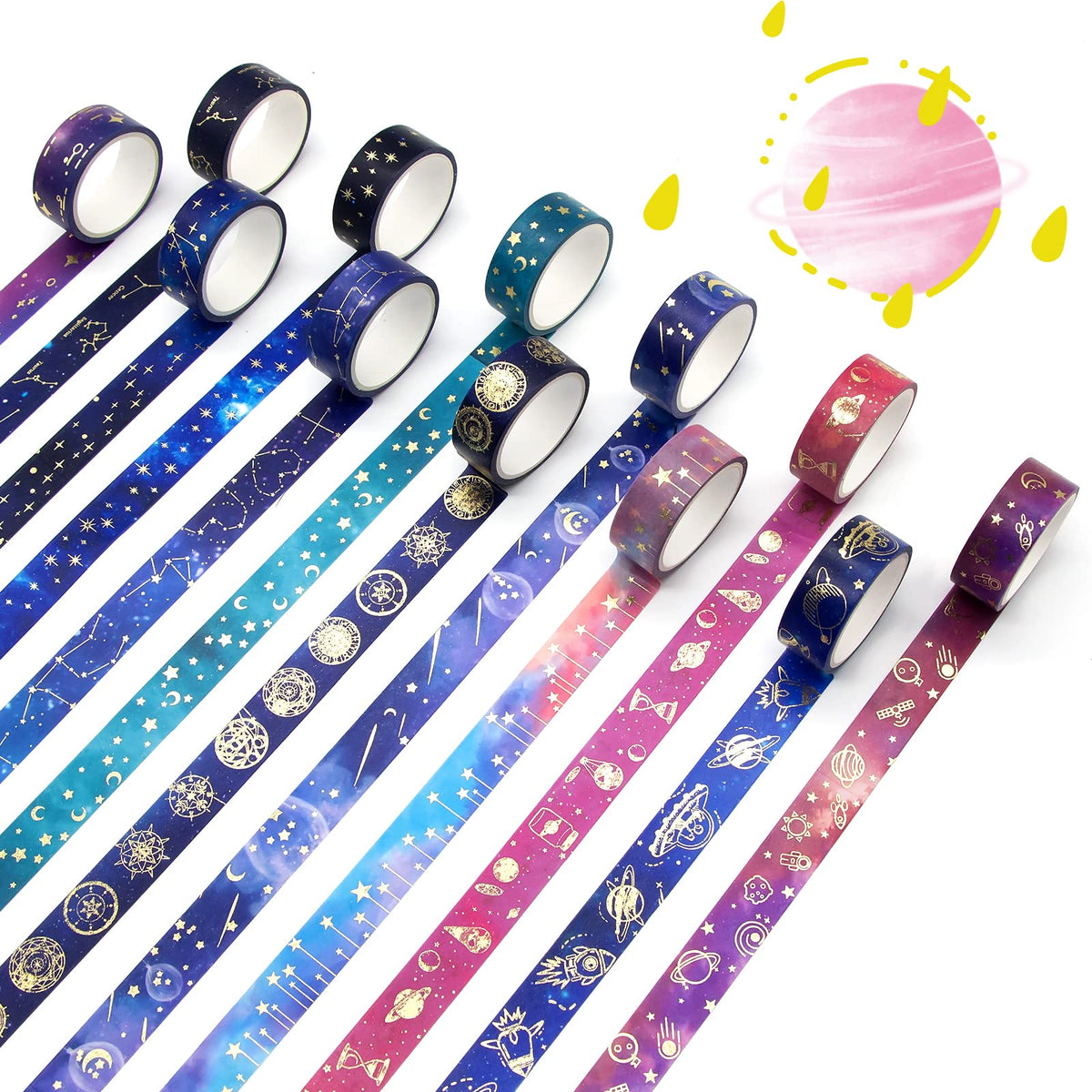 24 Rolls Washi Tape Set - Gold Foil Galaxy Decorative Masking Tape