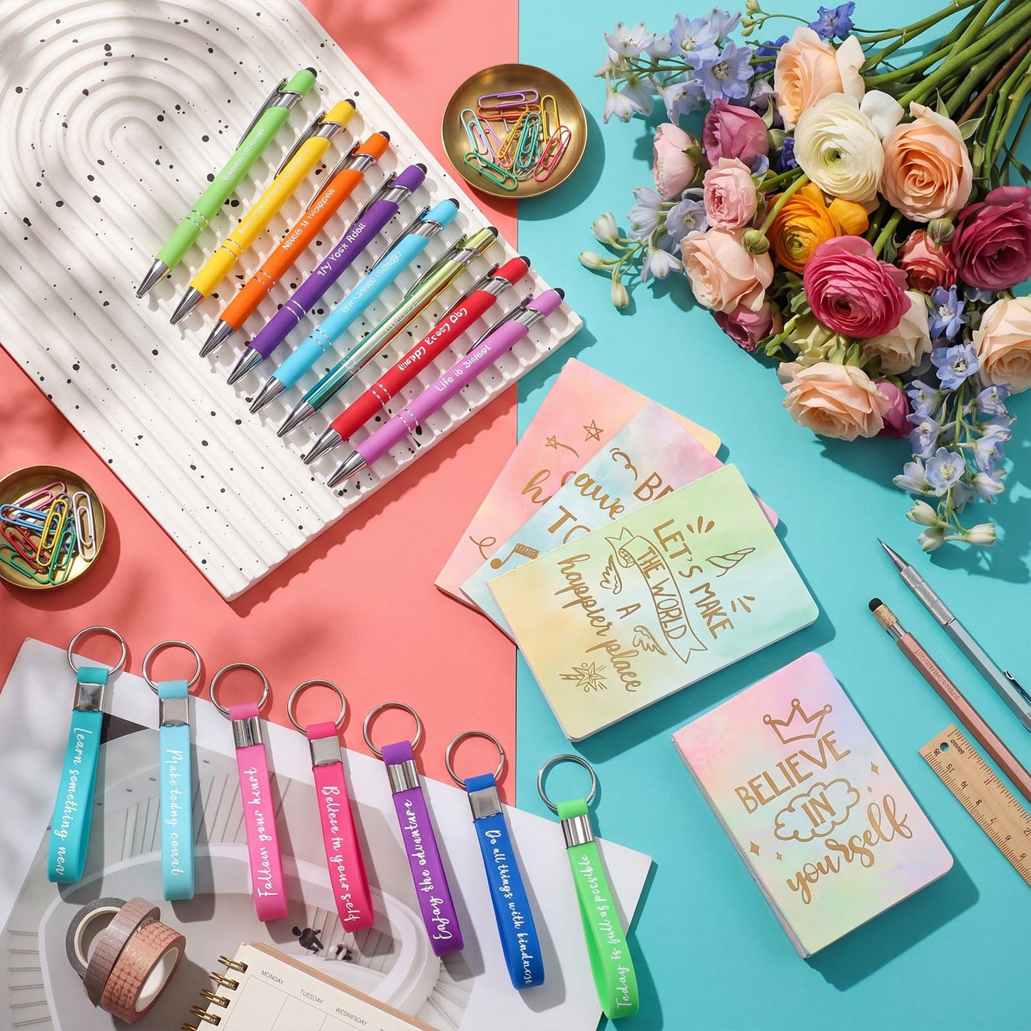 PerKoop 48 Pcs Inspirational Gifts Bulk Motivational Employee Notepads Ballpoint Pens Keychains Set