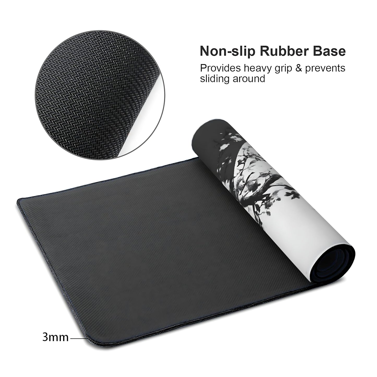 Floral Aesthetic Cherry Blossom Gaming Mouse Pad, Black White Japanese Desk Mat with Anti-Slip Base