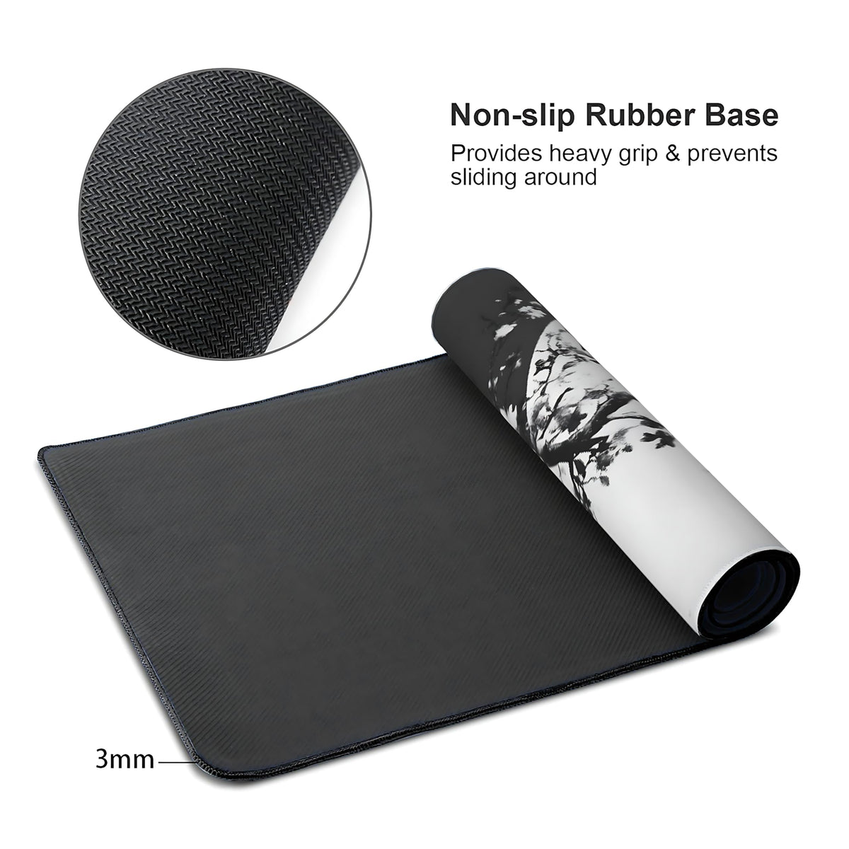 Floral Aesthetic Cherry Blossom Gaming Mouse Pad, Black White Japanese Desk Mat with Anti-Slip Base