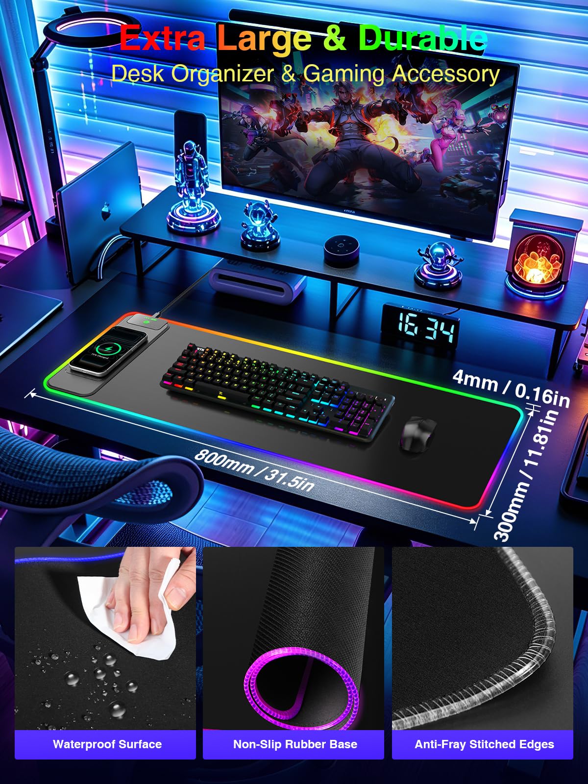 Wireless Charging Mouse Pad Gaming, 31.5"x11.8" Large Desk Mat, Waterproof