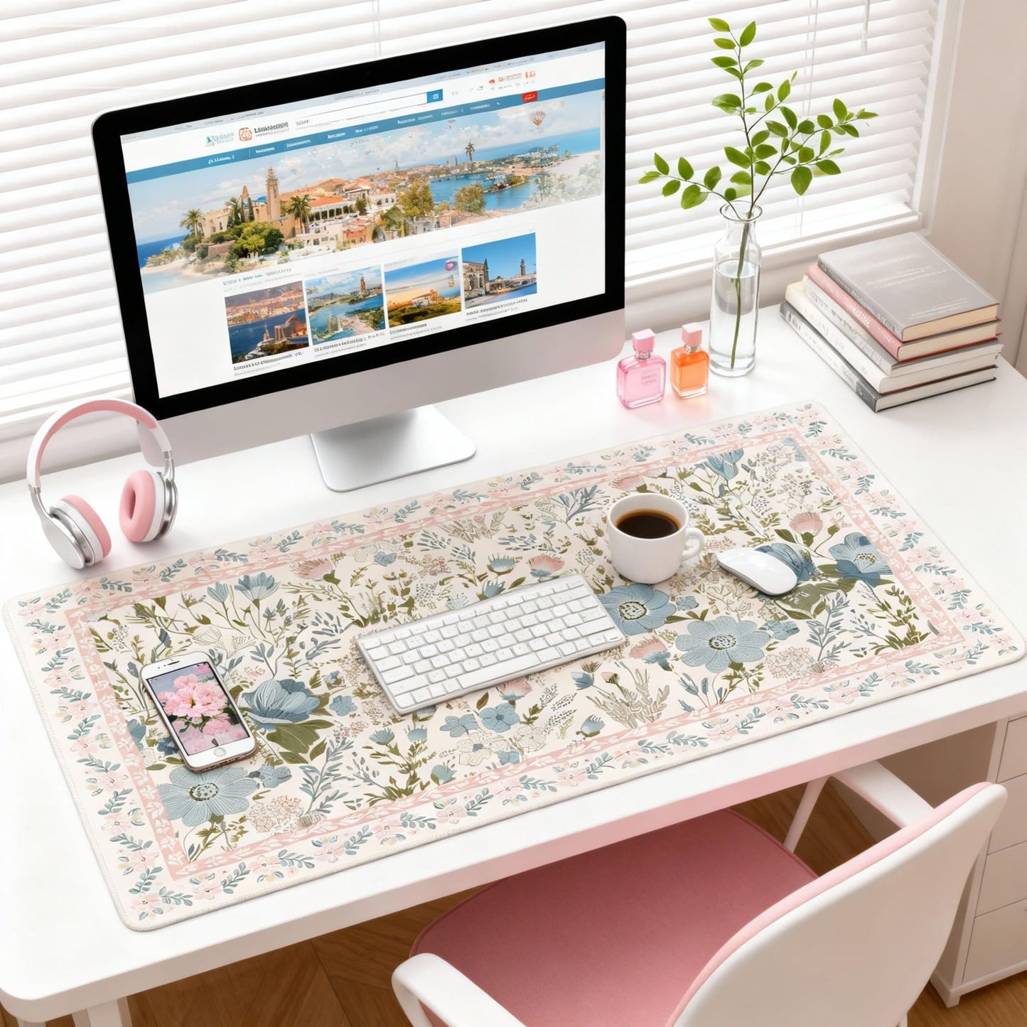 Aesthetic Pink Floral Desk Pad, XXL Large Mouse Pad for Desk with Anti-Slip & Stitched Edges