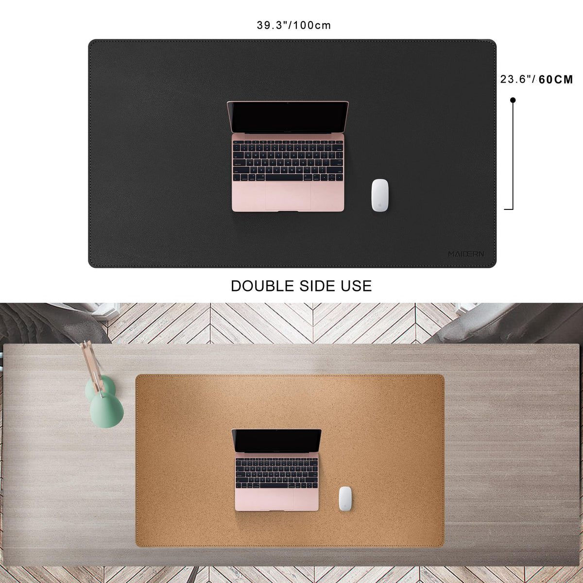 MAIDERN 40” x 24” Leather Desk Mat XL, Large Desk Pad, Reversible Cork & Leather Large Mouse pad