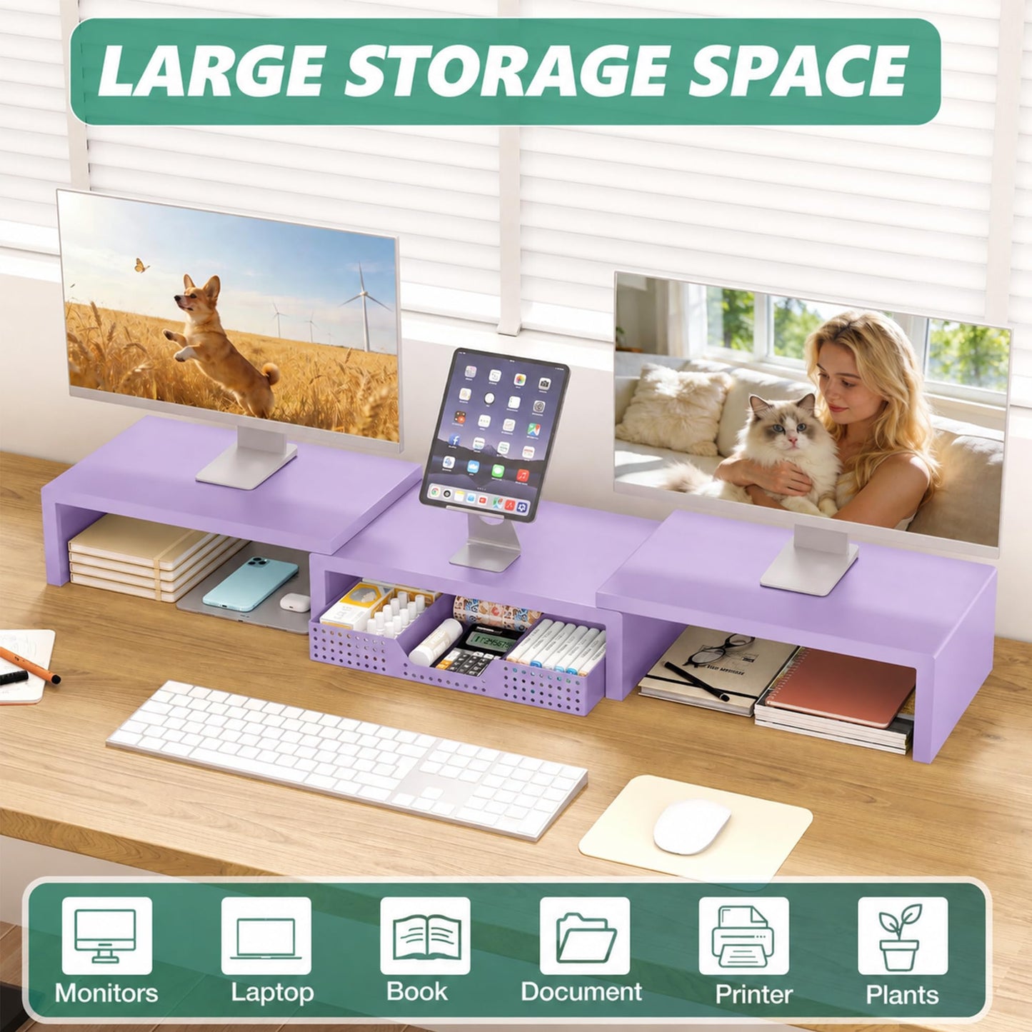 OPNICE Dual Computer Monitor Stand Riser, Desk Organizer with Drawer, Office Desk Accessories &