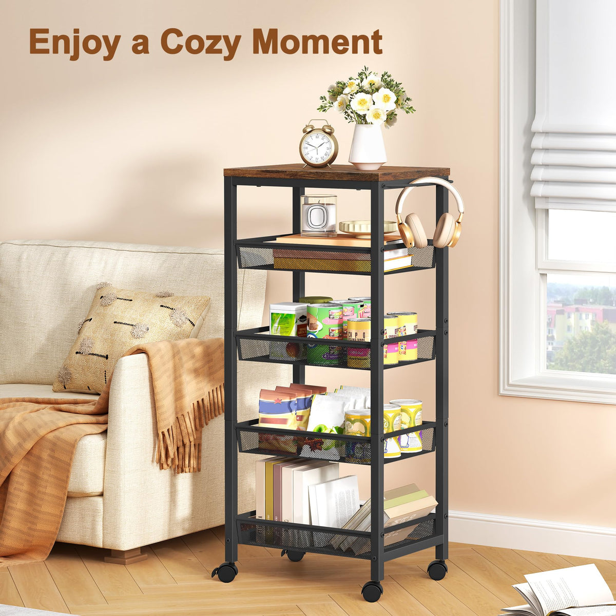 Hoctieon Rolling Storage Cart, 5-Tier 11.8" Wide Panel Kitchen Storage Cart, Utility Carts with