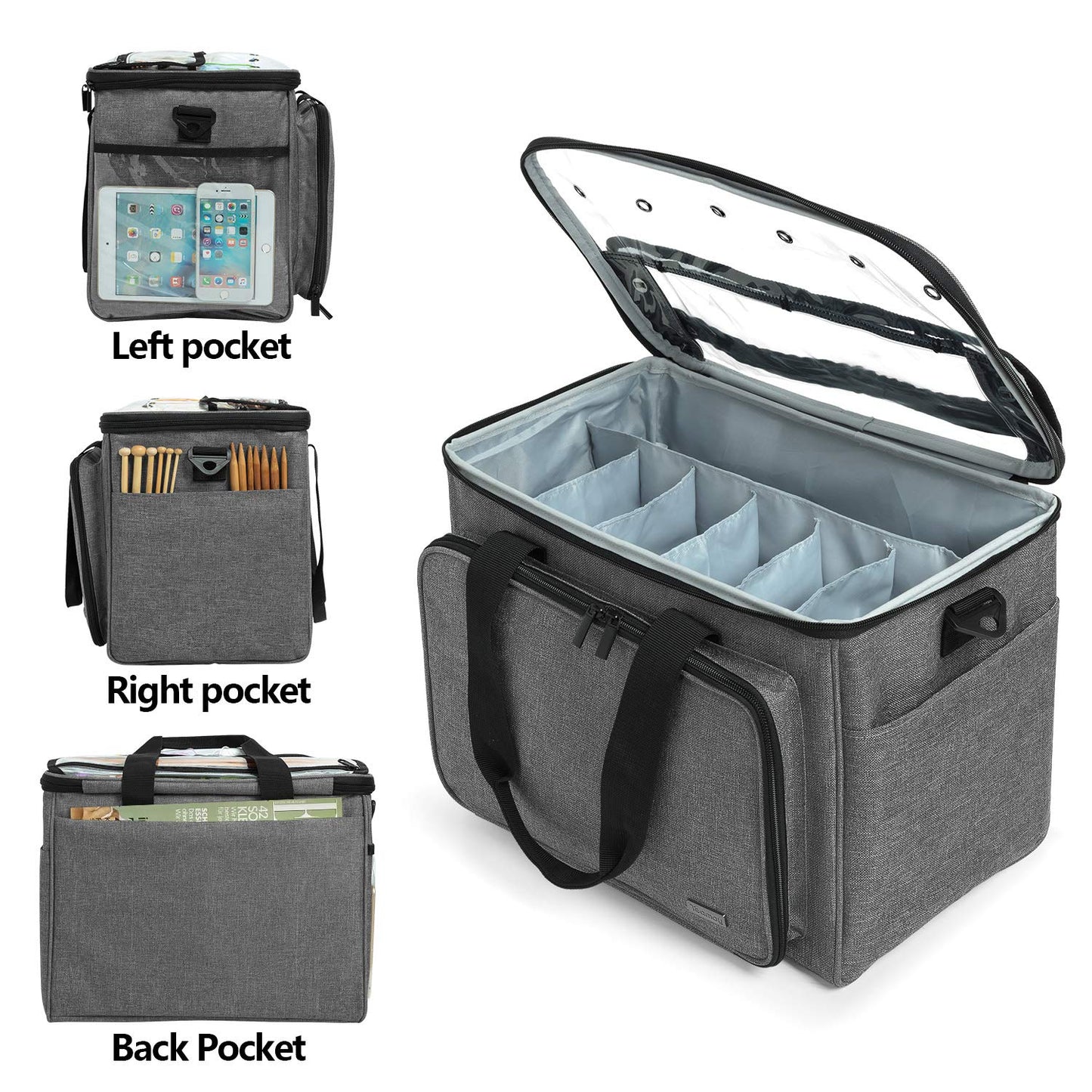 Teamoy Knitting Bag, Yarn Storage Organizer Crochet Bag Tote, Gray
