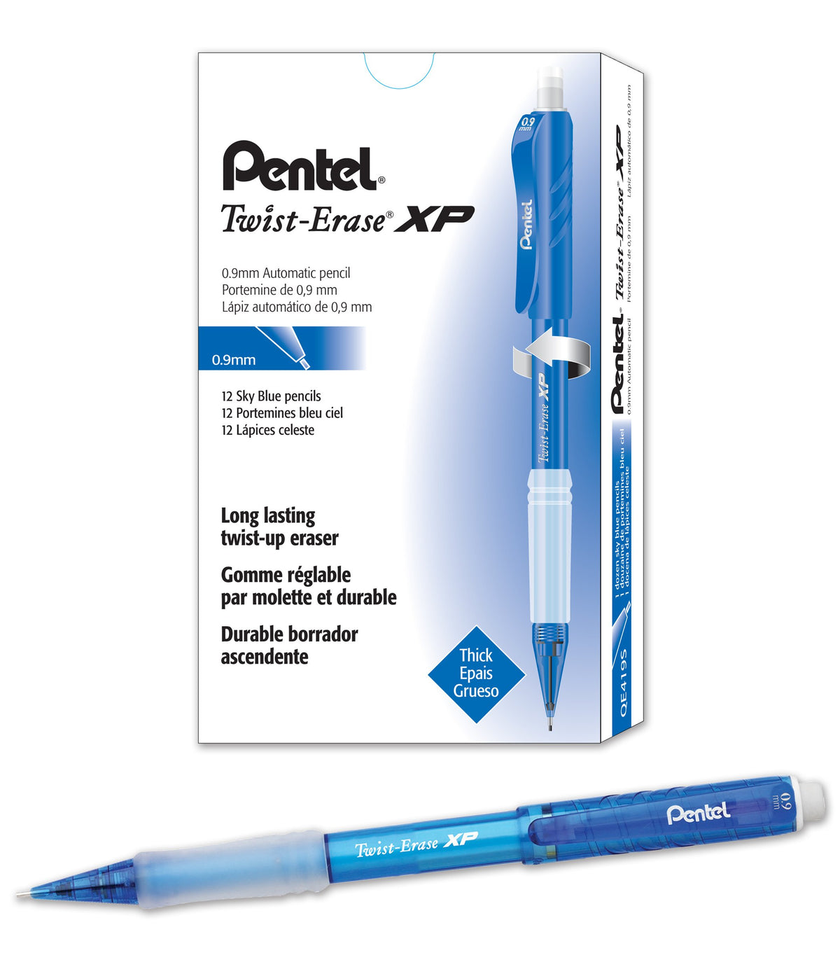 Pentel Twist-Erase Express Mechanical Pencil (0.9mm) Fashion Color, Sky Blue Barrel, Box of 12