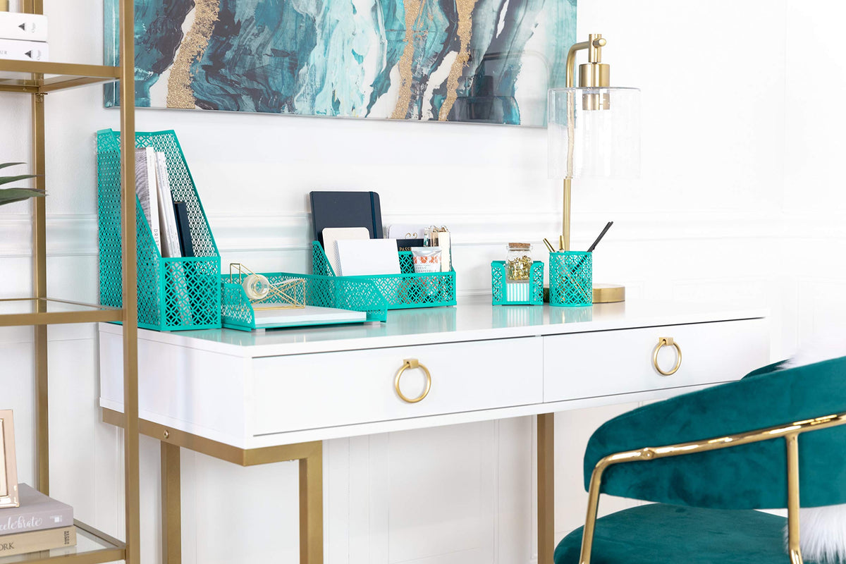 BLU MONACO | Dark Teal Desk Organizer Set | 5 Piece Metal Desk Accessories with Mail Sorter, Pen