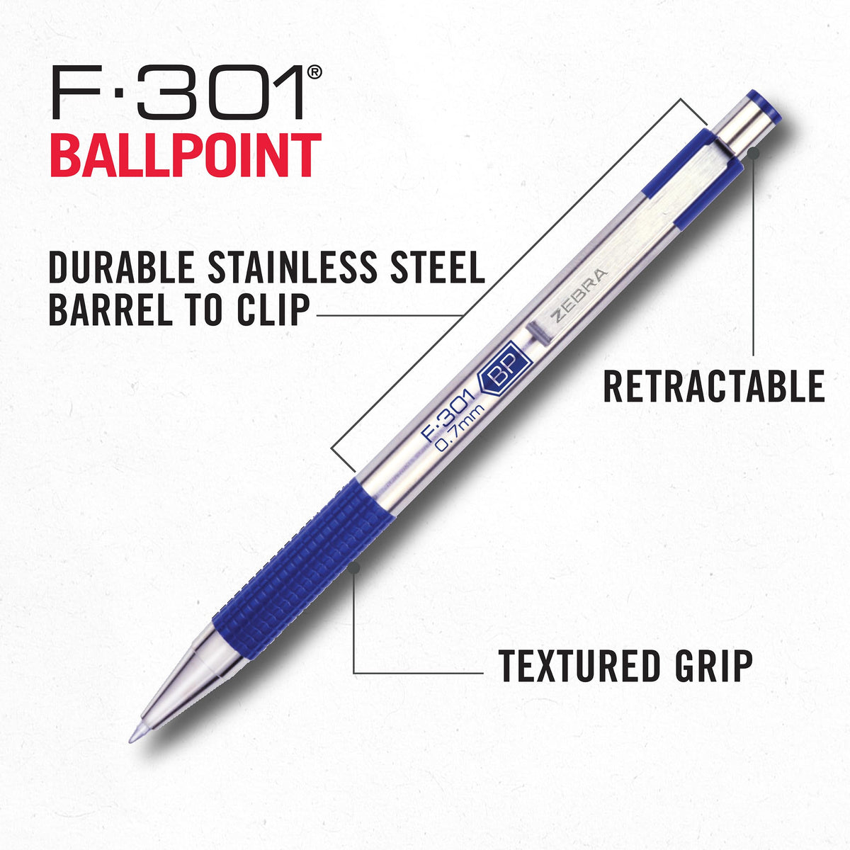 Zebra Pen STEEL F-301 Retractable Ballpoint Pen, Blue Ink, 0.7mm, 12-Pack