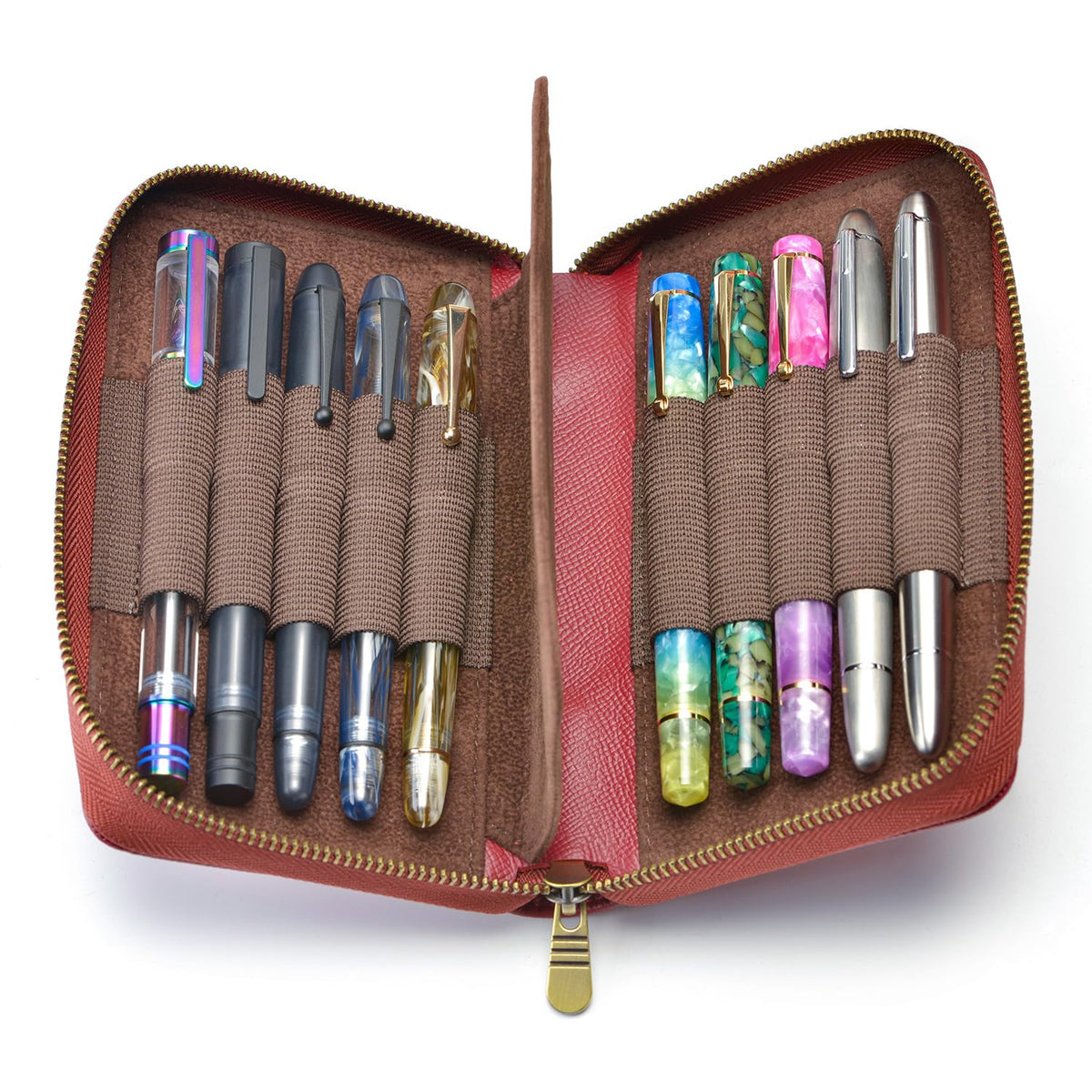 Fountain Pen Case Genuine Leather Pen Case 10 Divided Slots Wine Red, Rollerball Pen Holder