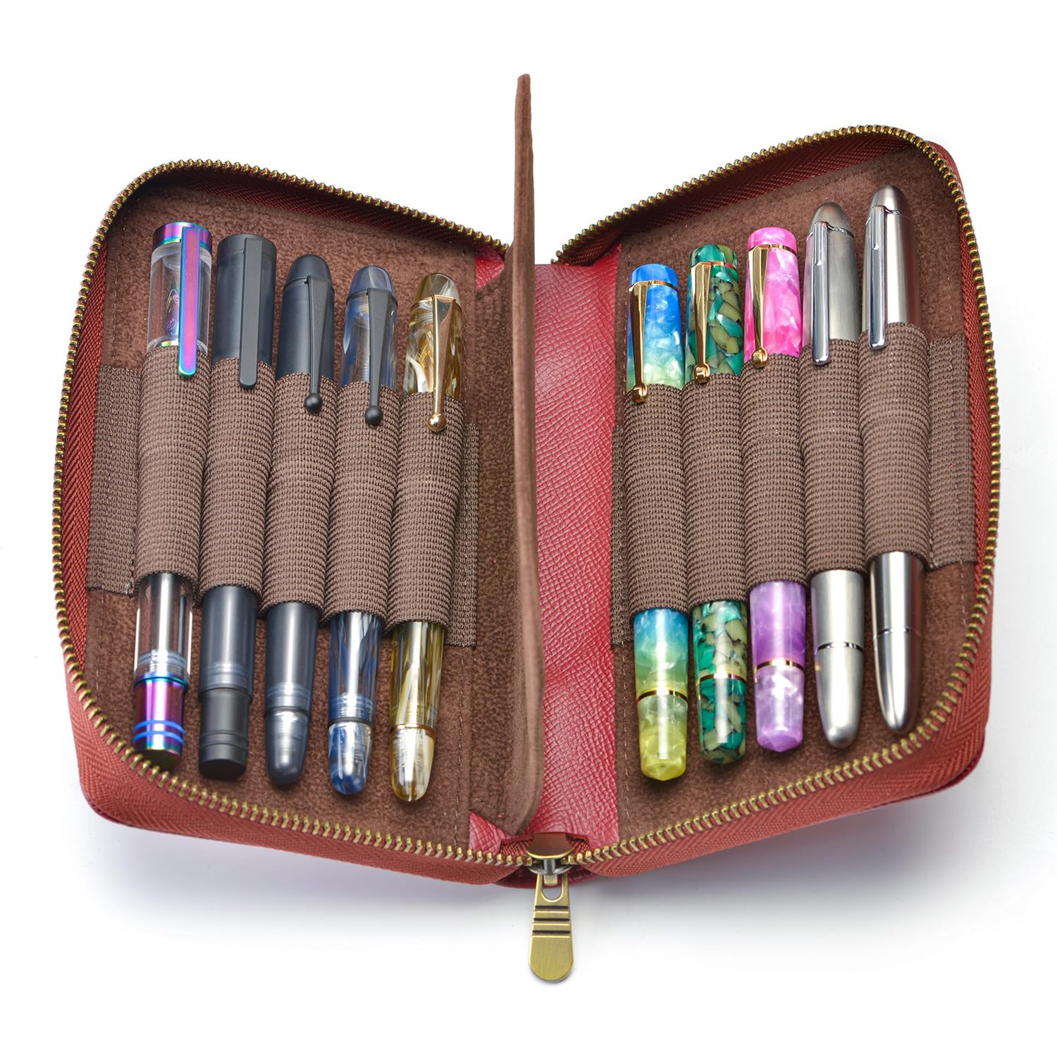 Fountain Pen Case Genuine Leather Pen Case 10 Divided Slots Wine Red, Rollerball Pen Holder