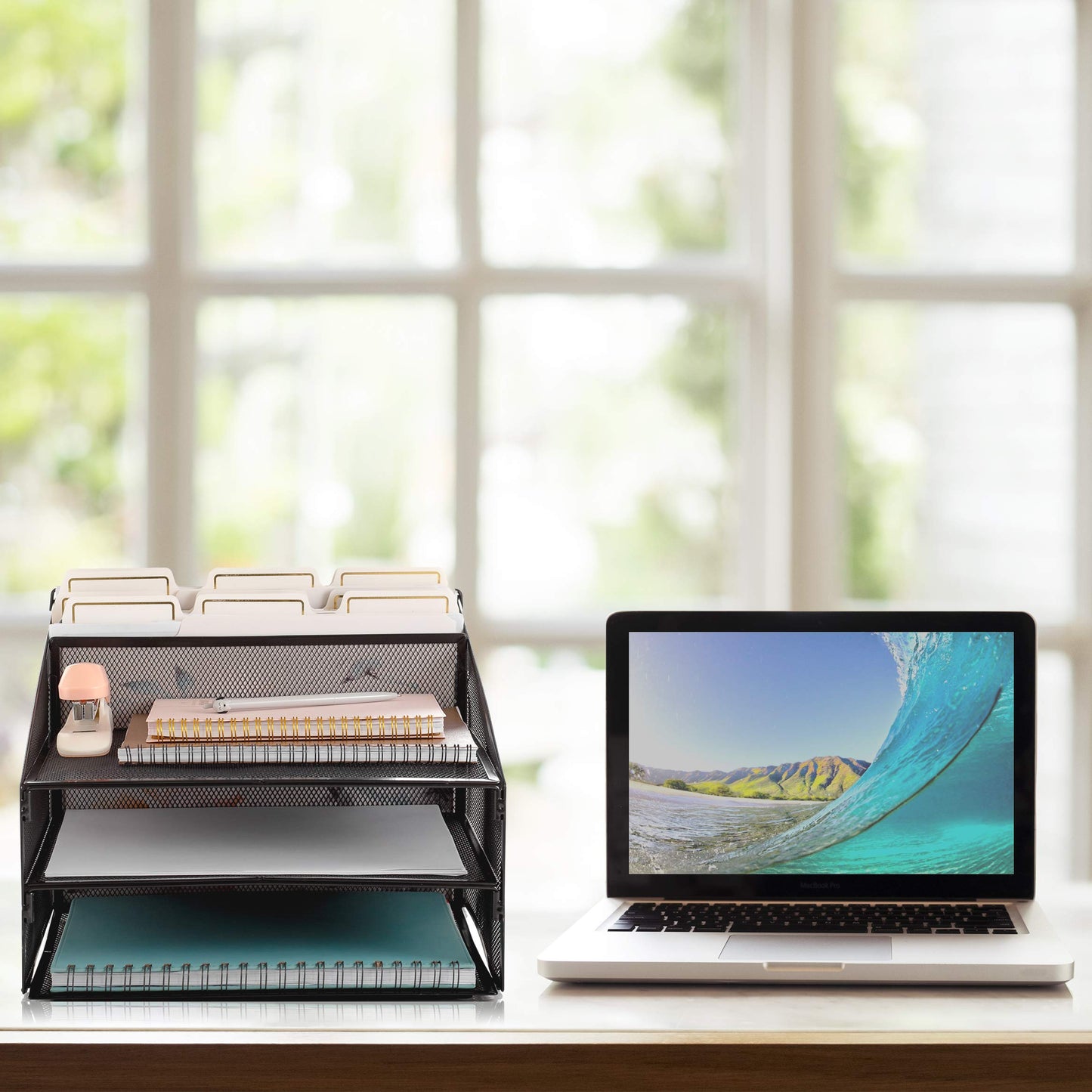 Metal Office Desk Organizer 3-Tier, Mesh Desktop Document and A4 File Holder with 3 Flat Trays and