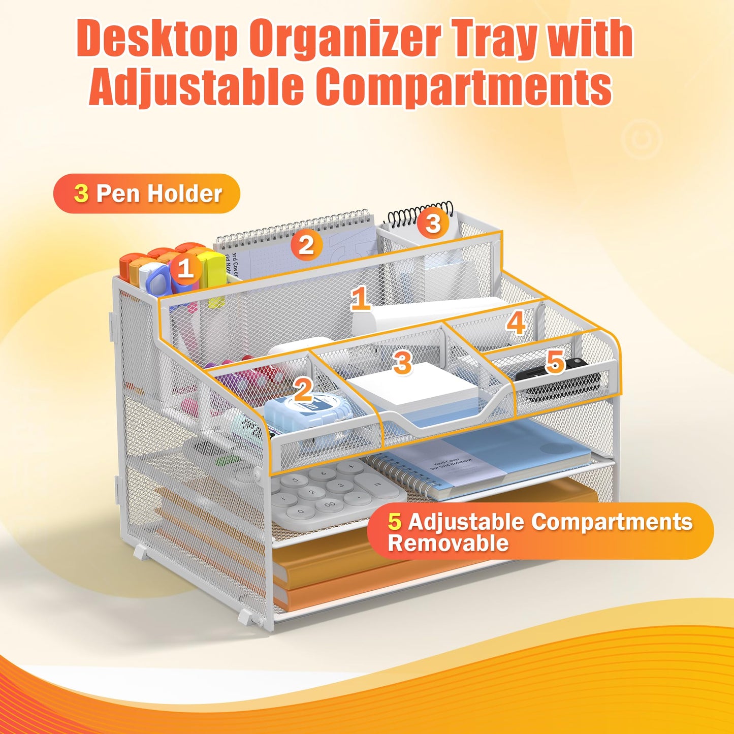Docnest 3 Tier Mesh Desk Organizer with Letter Tray & Paper Sorter, White
