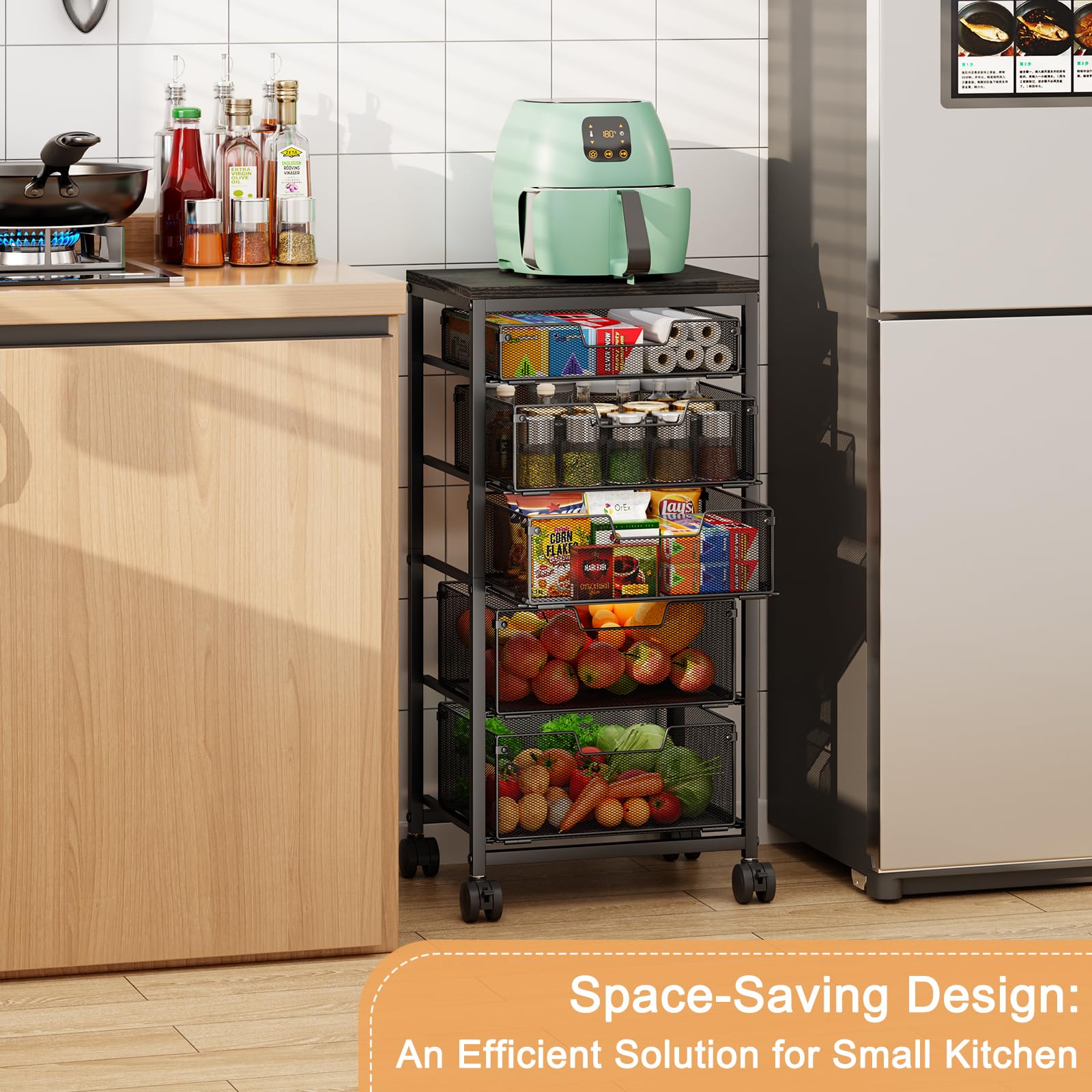 Kitchen Storage Cart with Drawer, 5-Tier Fruit Vegetable Storage Cart, Kitchen Organizer and